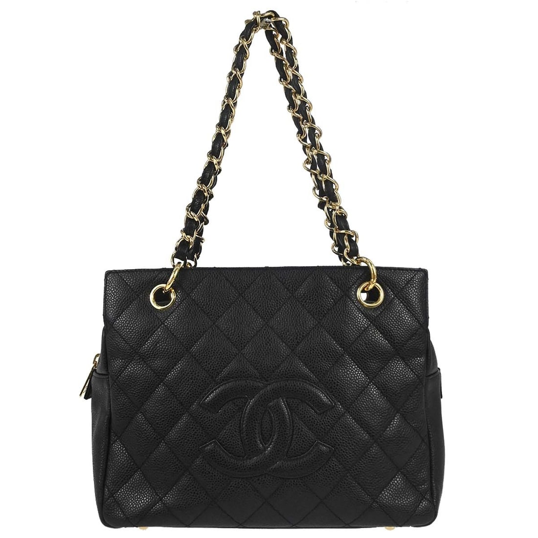CHANEL Petite Timeless Tote PTT Black Caviar Leather Chain Tote: CHANEL Petite Timeless Tote PTT Black Caviar Leather Chain Tote Chanel Petite Timeless Tote PTT chain handbag in black caviar skin leather with quilted detailing, a zip closure, and chain straps. The 