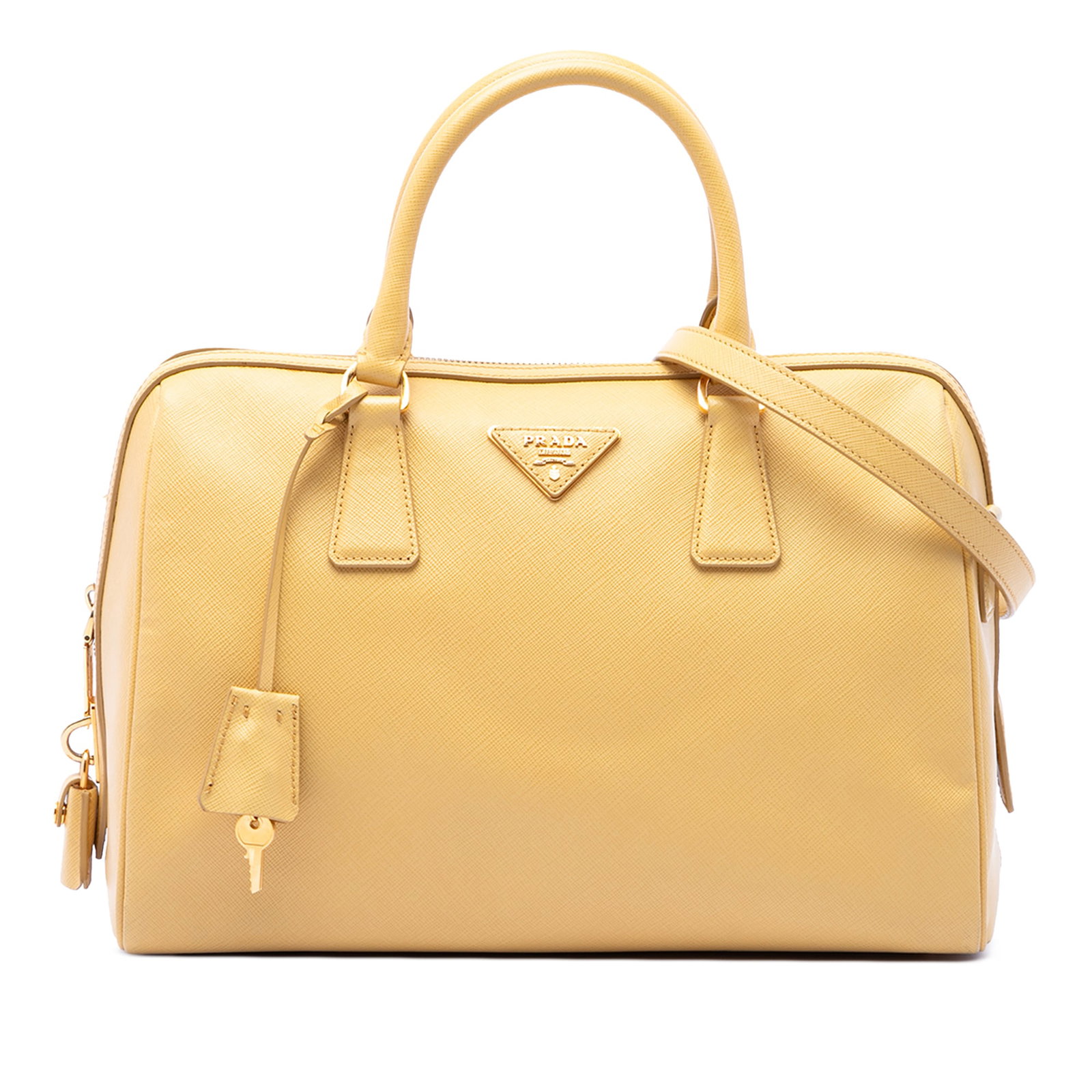 Prada Saffiano Lux leather satchel with strap in yellow: Prada Saffiano Lux leather satchel with strap in yellow Prada Saffiano Lux Boston Bag in yellow saffiano leather with rolled leather handles, a detachable flat leather strap, top zip closure, and an i