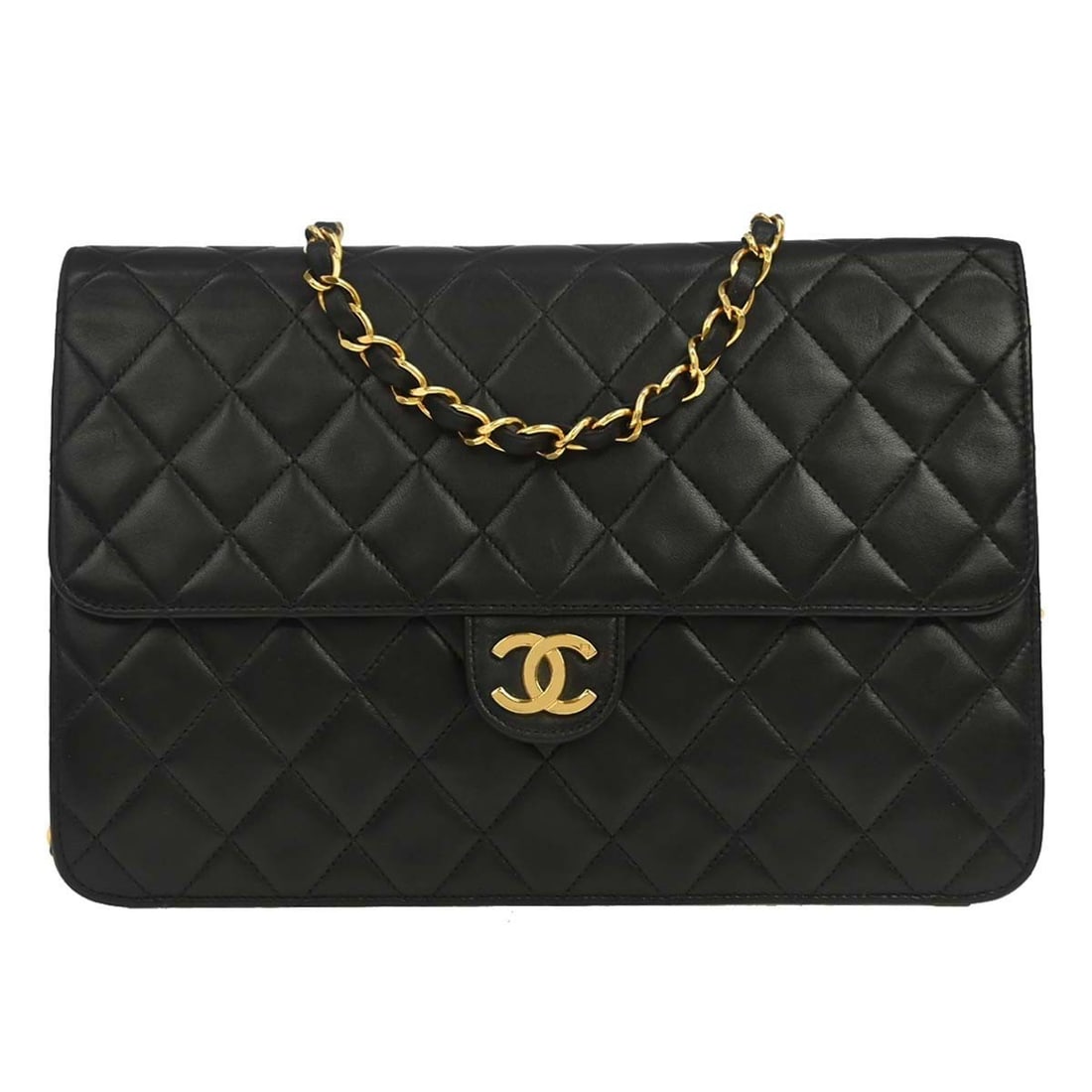 Chanel Vintage Classic Flap Black Leather Shoulder Bag: Chanel Vintage Classic Flap Black Leather Shoulder Bag Vintage Chanel Classic Flap handbag in black leather with a quilted design. It measures 25 cm x 17 cm x 7 cm and was made in France. Condition is