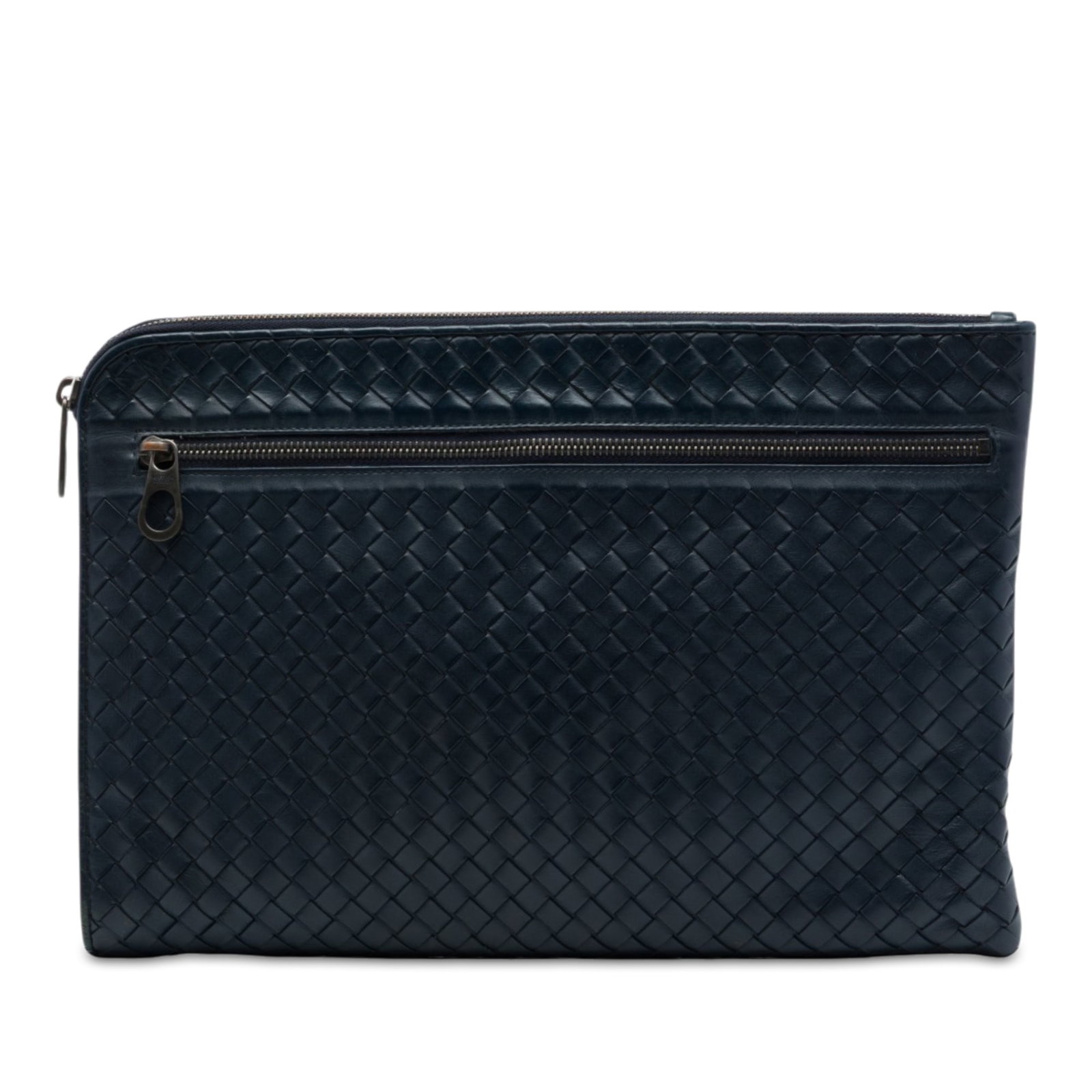 Blue Leather Zip Around Clutch Bottega Veneta Nappa Intrecciato: Blue Leather Zip Around Clutch Bottega Veneta Nappa Intrecciato A Bottega Veneta Nappa Intrecciato clutch in blue woven nappa leather. This zip-around clutch features an exterior zip pocket and interi