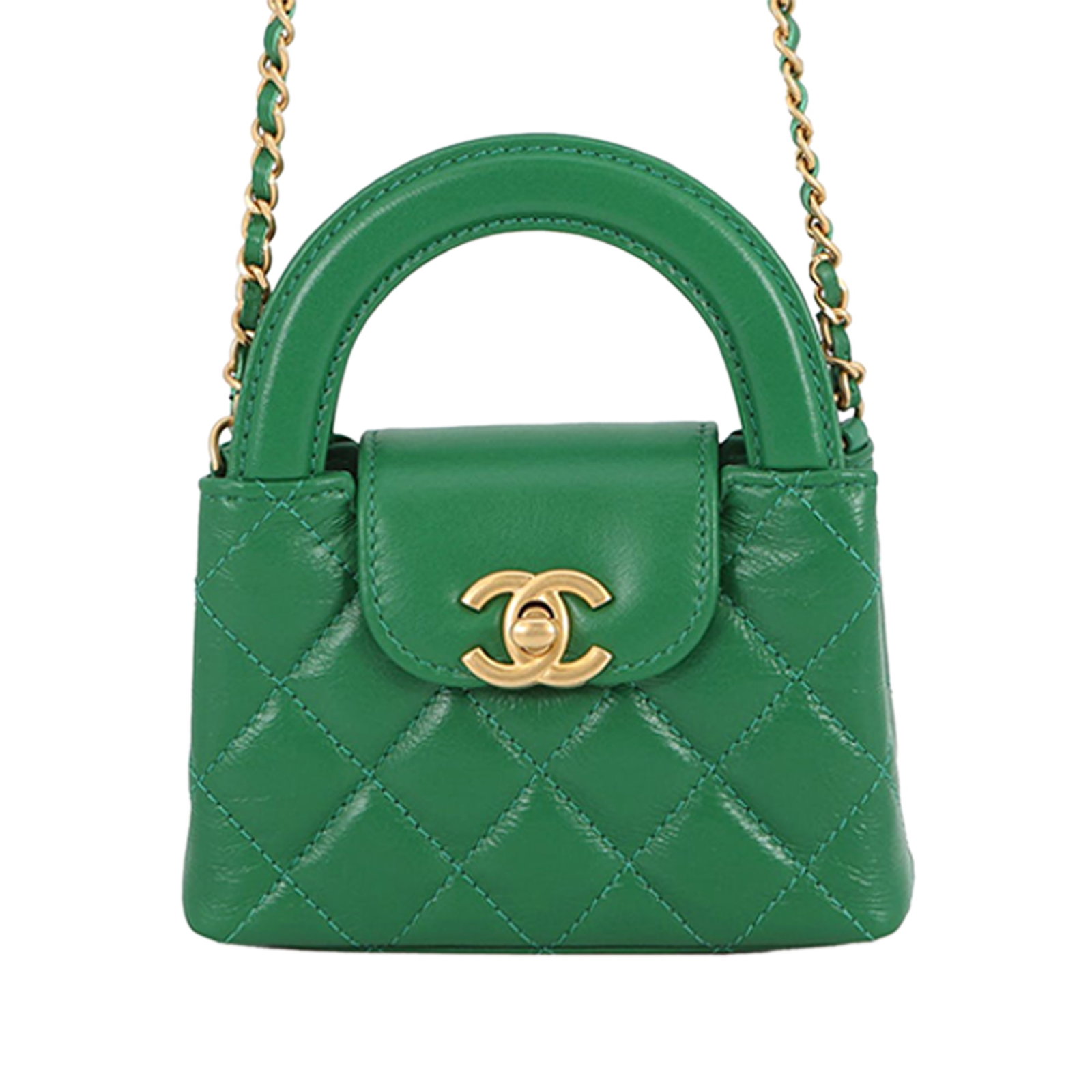 Chanel Kelly Shopper Nano green aged calfskin satchel: Chanel Kelly Shopper Nano green aged calfskin satchel A compact Chanel Kelly Shopper satchel crafted in aged calfskin leather. This bag features flat leather handles, a gold-tone leather-woven chain l