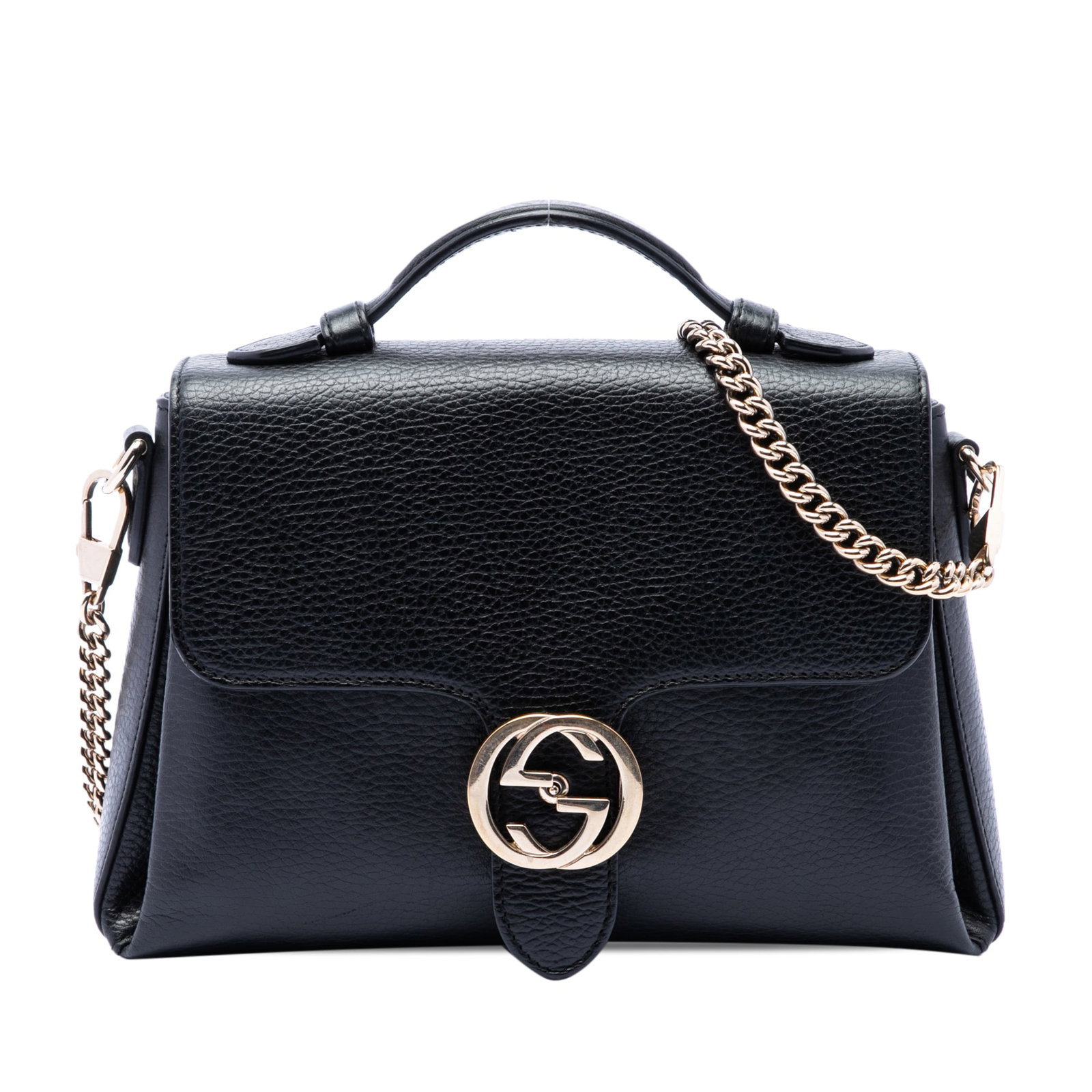 Gucci Interlocking G Small Satchel in Black Leather: Gucci Interlocking G Small Satchel in Black Leather Gucci Small Dollar Calf Interlocking G Satchel in black leather with a structured silhouette and signature front flap design. It features a flat lea