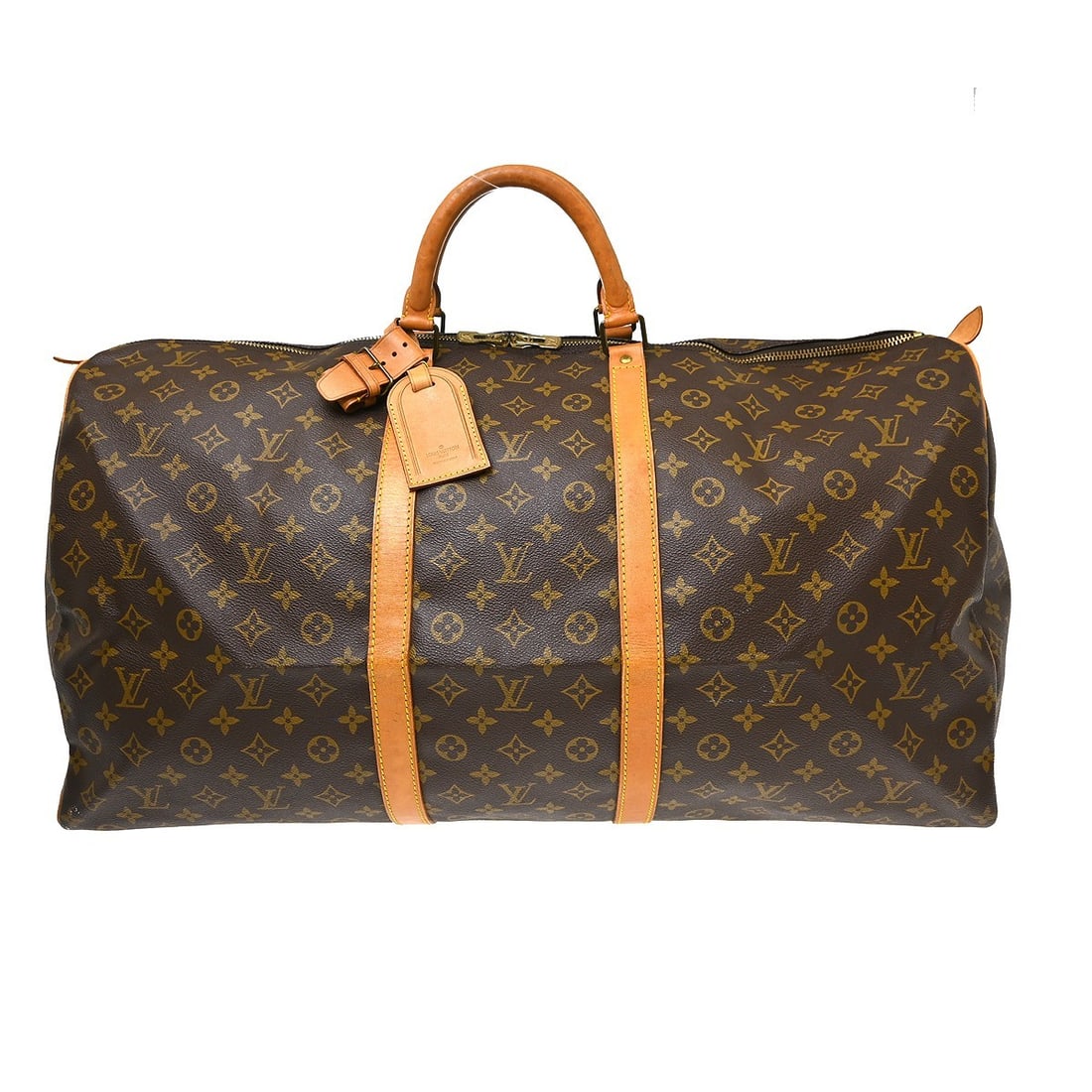 Louis Vuitton Keepall 60 Monogram Duffle Bag M41422 France: Louis Vuitton Keepall 60 Monogram Duffle Bag M41422 France Vintage Louis Vuitton Keepall 60 travel handbag in Monogram canvas with leather trim and double handles. This extra-large duffle-style bag fe