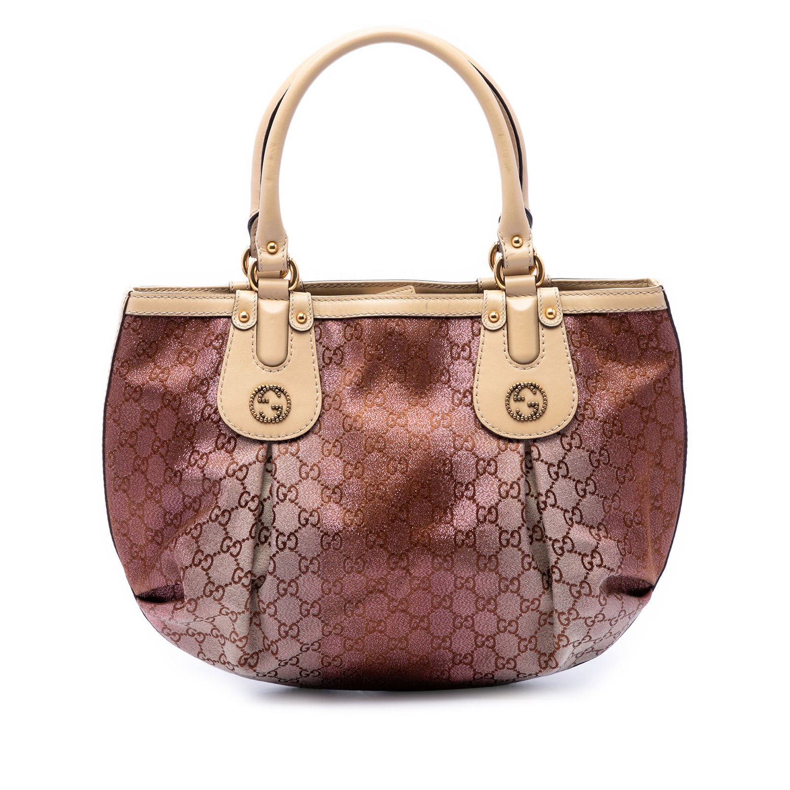 Gucci GG Lurex Scarlett Canvas Tote Bag Brown: Gucci GG Lurex Scarlett Canvas Tote Bag Brown Gucci GG Lurex Scarlett Tote in brown fabric with leather trim and rolled leather handles. The tote has an open top with a magnetic snap button closure, p