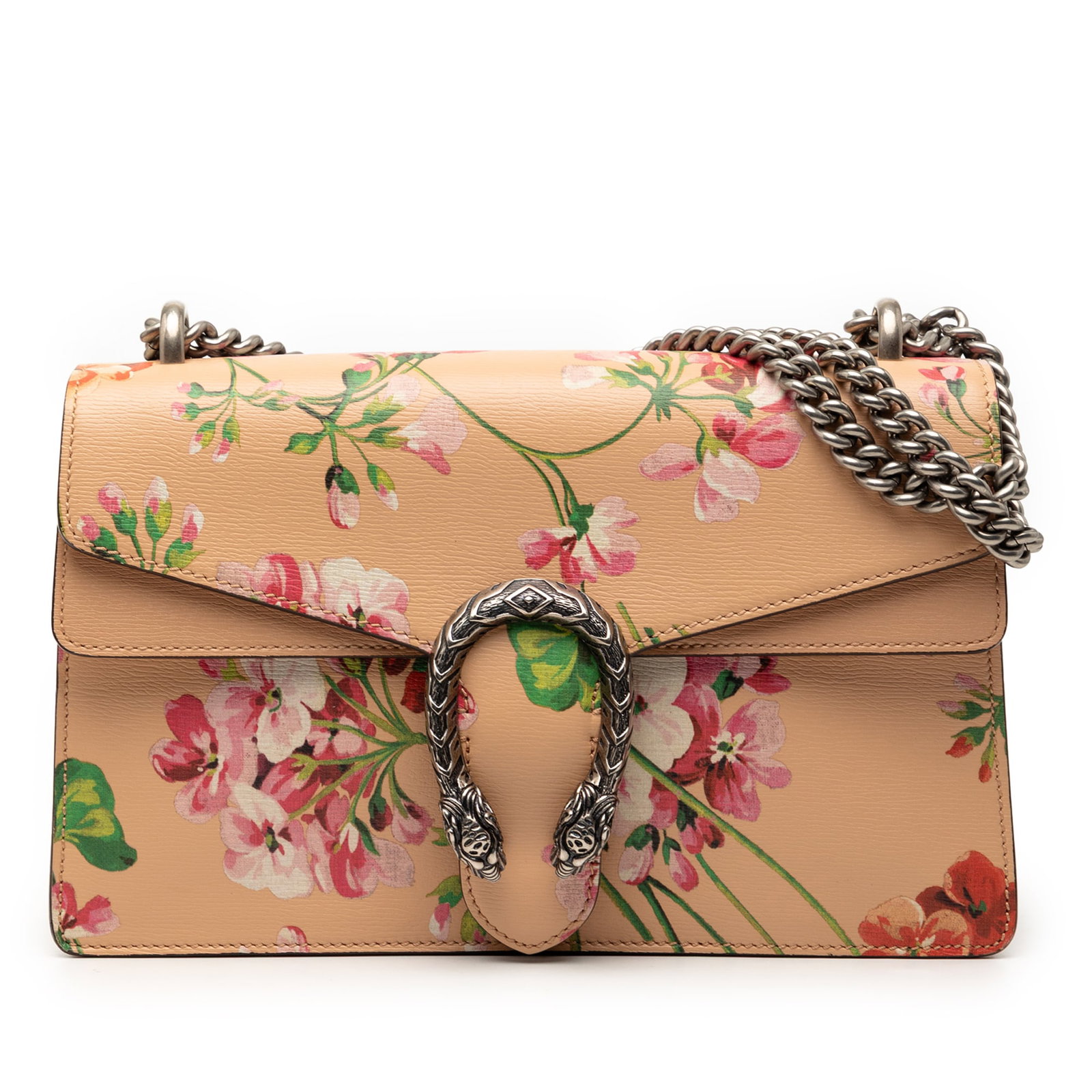 Gucci Dionysus Medium Orange Leather Blooms Shoulder Bag with Chain Strap: Gucci Dionysus Medium Orange Leather Blooms Shoulder Bag with Chain Strap The Gucci Medium Leather Blooms Dionysus Shoulder Bag features an orange leather body with a silver-tone chain strap, a top fl