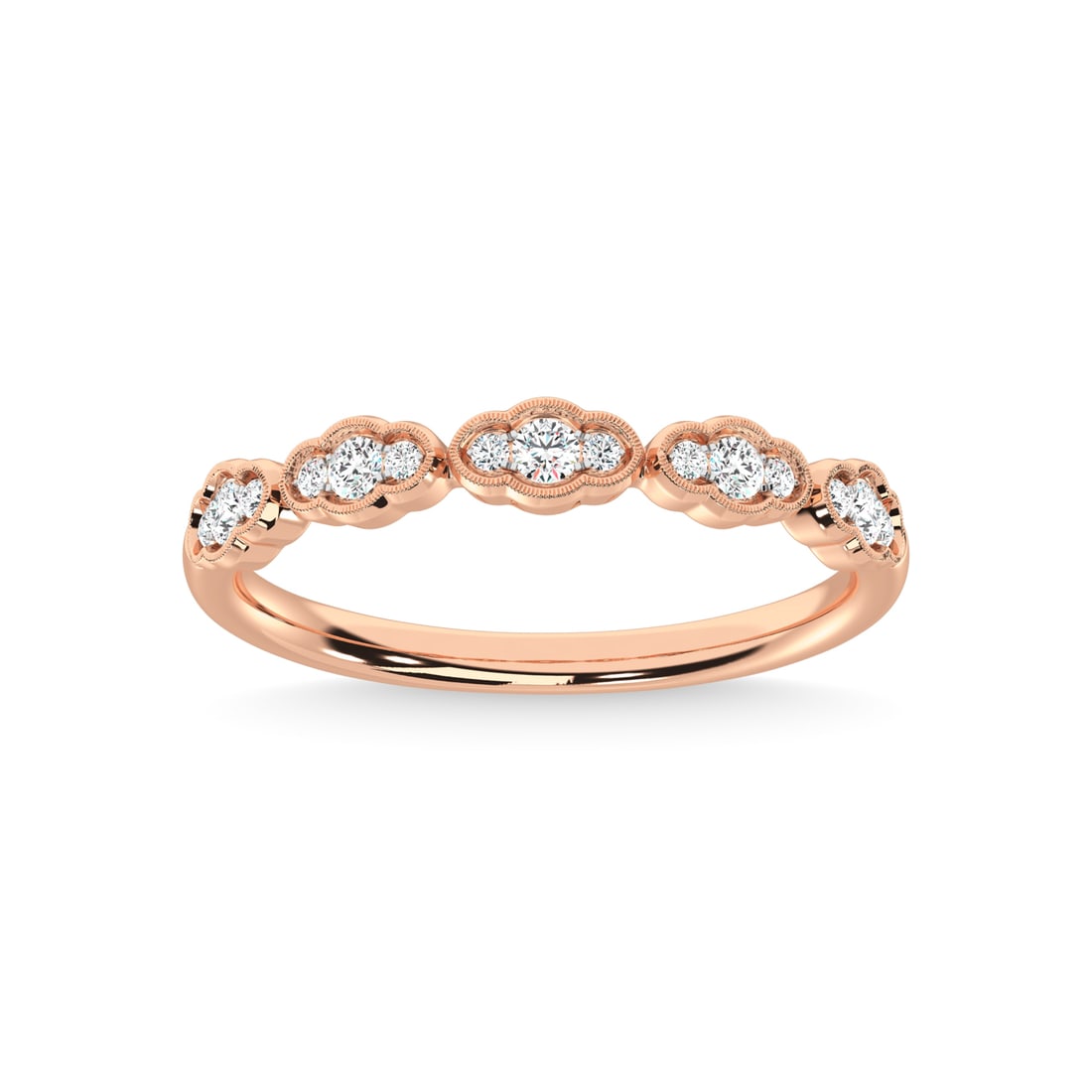 14K Rose Gold Diamond 1/5 Ct.Tw. Stackable Band: 14K Rose Gold Diamond 1/5 Ct.Tw. Stackable Band 14k Rose Gold Stone Color: G-h Stone Clarity: I2 Each ring is presented in standard size 6.5. Complimentary resizing is available between sizes 510 (in 