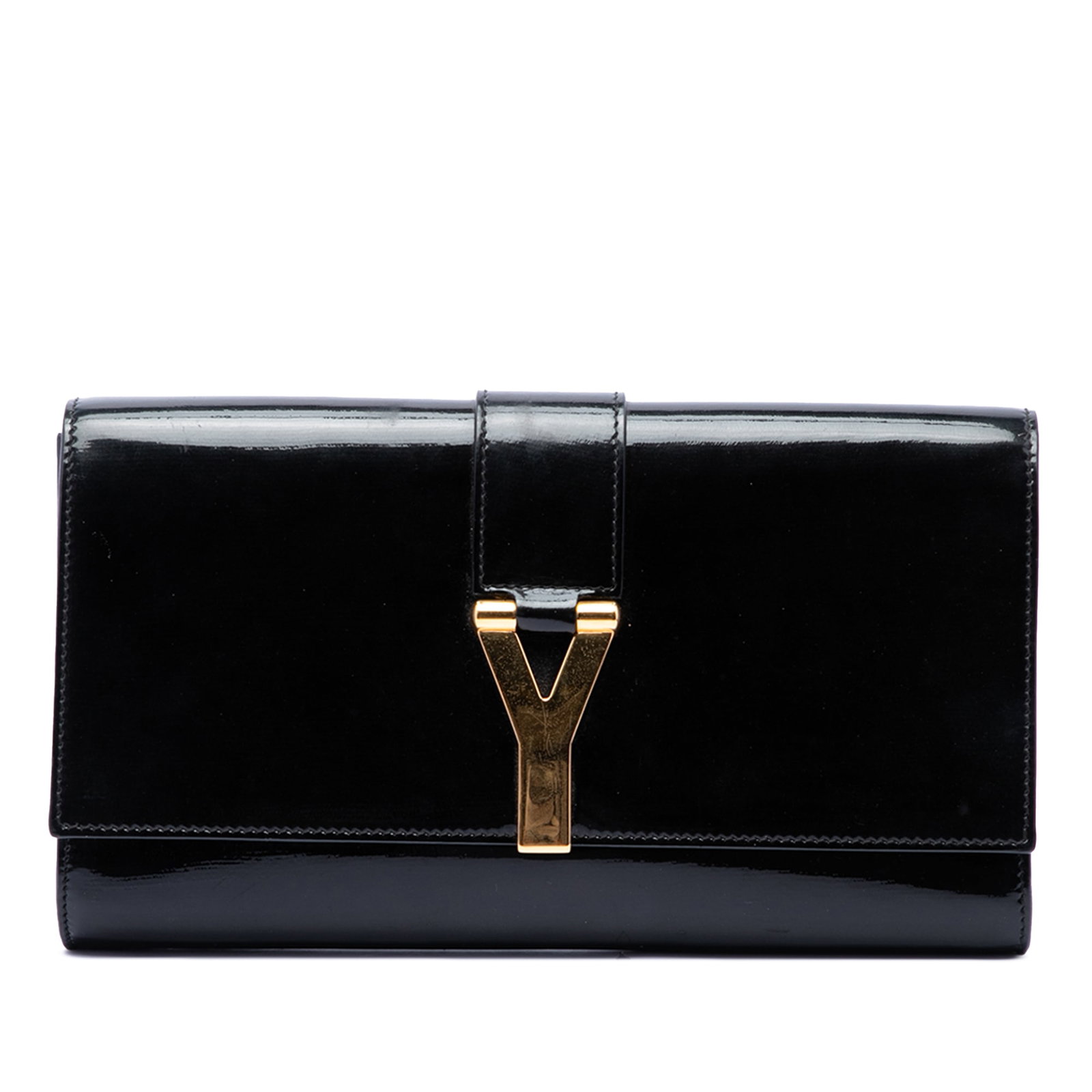 Black Patent Leather Clutch Saint Laurent Chyc Ligne: Black Patent Leather Clutch Saint Laurent Chyc Ligne Saint Laurent Chyc Ligne clutch in black patent leather with a front flap accented by gold-tone Y hardware and an interior slip pocket. Made in Ita