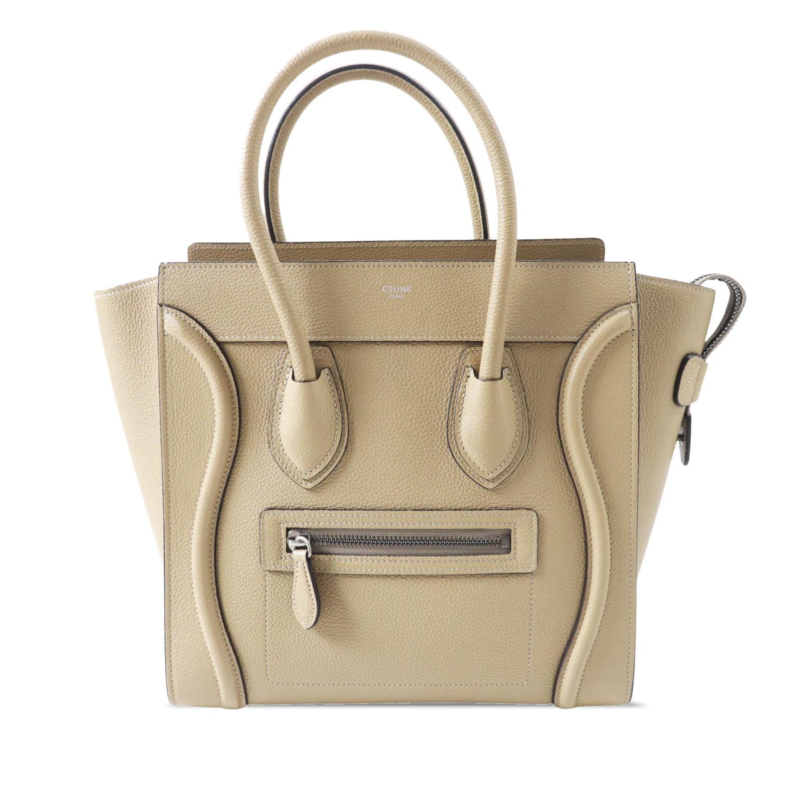Celine Micro Luggage Tote in Beige Drummed Calfskin: Celine Micro Luggage Tote in Beige Drummed Calfskin A structured and compact Celine Micro Luggage Tote crafted in drummed calfskin leather. This tote features rolled leather handles, a top zip closure