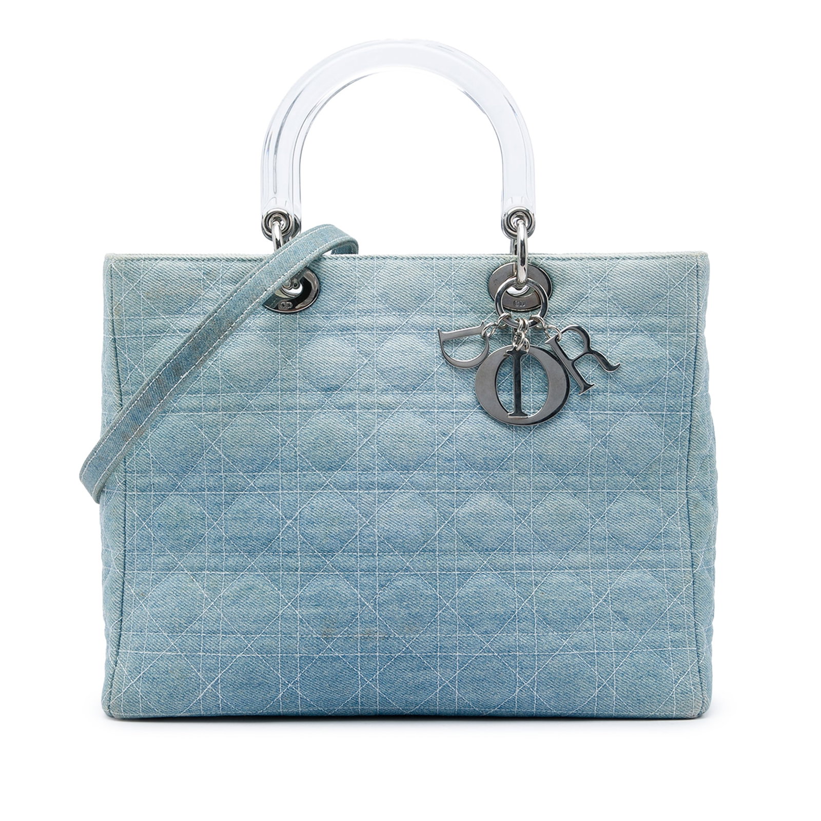 Dior Lady Dior Large Denim Satchel with Acrylic Handles: Dior Lady Dior Large Denim Satchel with Acrylic Handles Large Lady Dior satchel in blue quilted denim with Cannage patterning, acrylic top handles, and a detachable denim strap. The bag features a top