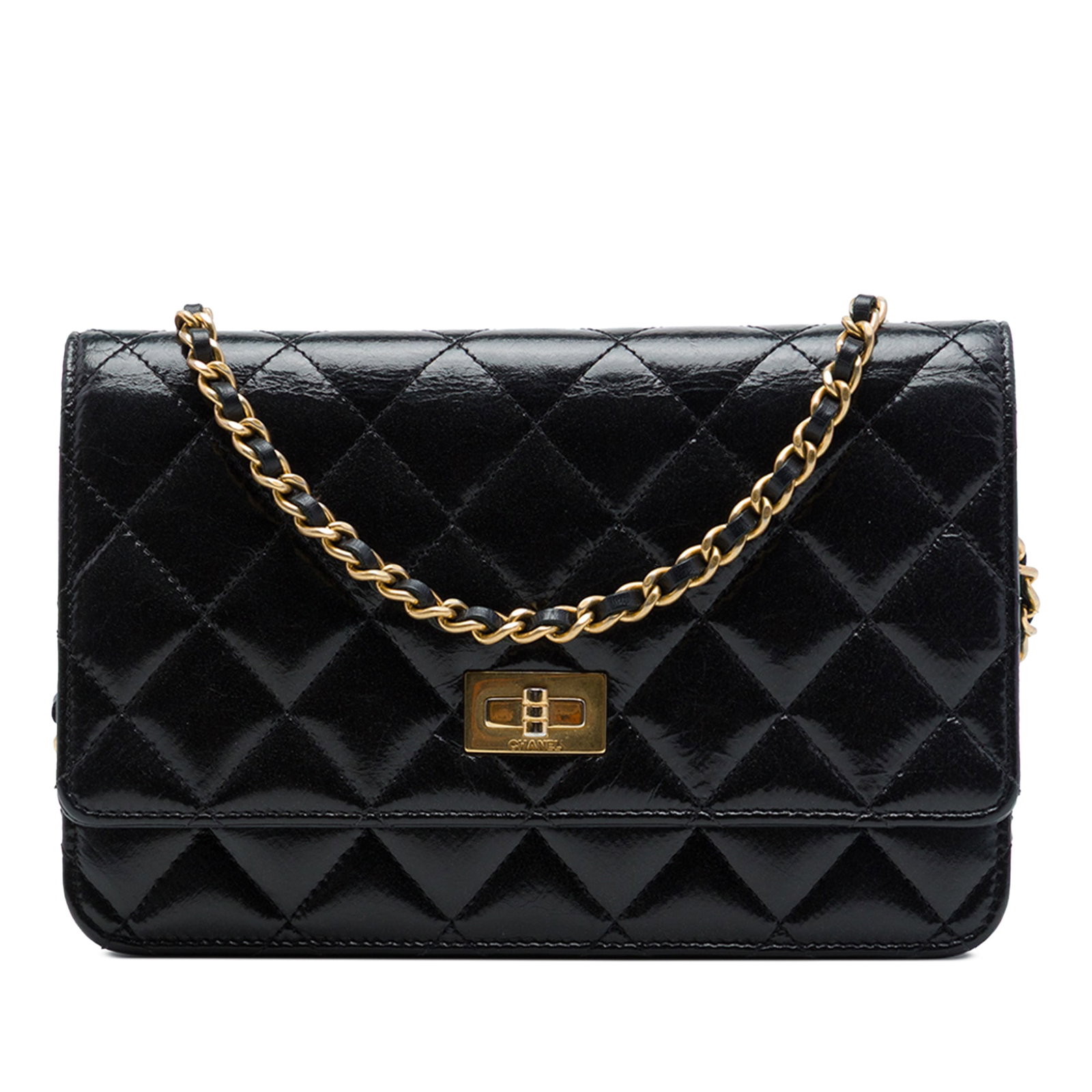Chanel Reissue 2.55 Quilted Aged Calfskin WOC Black: Chanel Reissue 2.55 Quilted Aged Calfskin WOC Black A Chanel Quilted Aged Calfskin Reissue 2.55 Wallet on Chain in black. This bag features a quilted aged calf leather body, a leather-woven chain stra