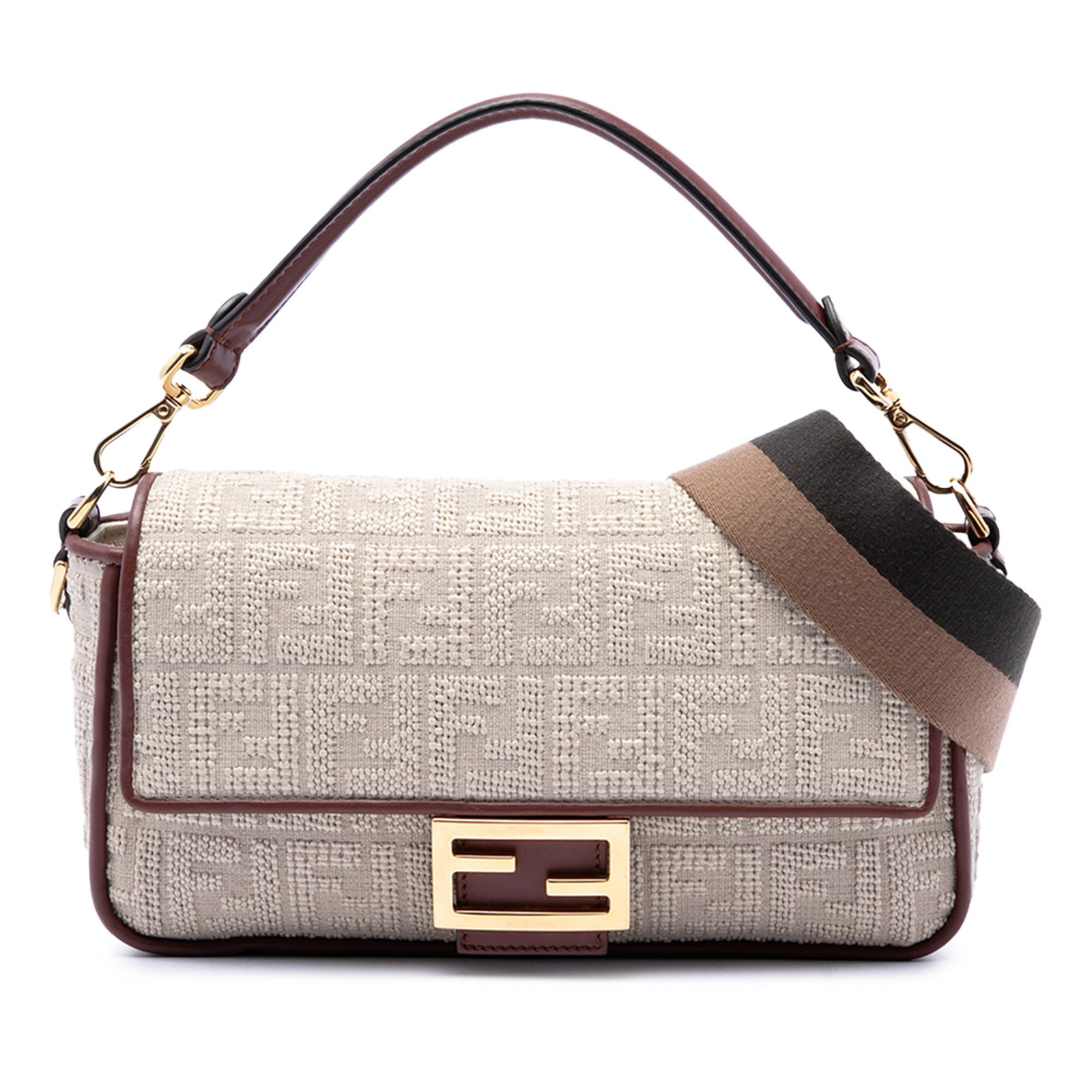 Fendi Zucca Baguette Satchel in Embroidered Canvas: Fendi Zucca Baguette Satchel in Embroidered Canvas Fendi Zucca embroidered canvas Baguette satchel with leather trim. This bag features a detachable flat leather top handle, a detachable flat canvas s