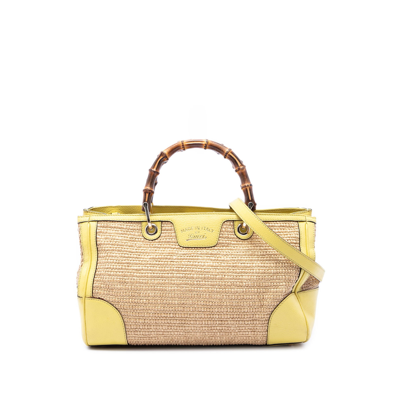 Gucci Bamboo Shopper Medium Raffia Satchel with Leather Trim: Gucci Bamboo Shopper Medium Raffia Satchel with Leather Trim A Gucci Medium Raffia Bamboo Shopper Satchel crafted with a raffia body and leather trim. This satchel features bamboo top handles, an adju