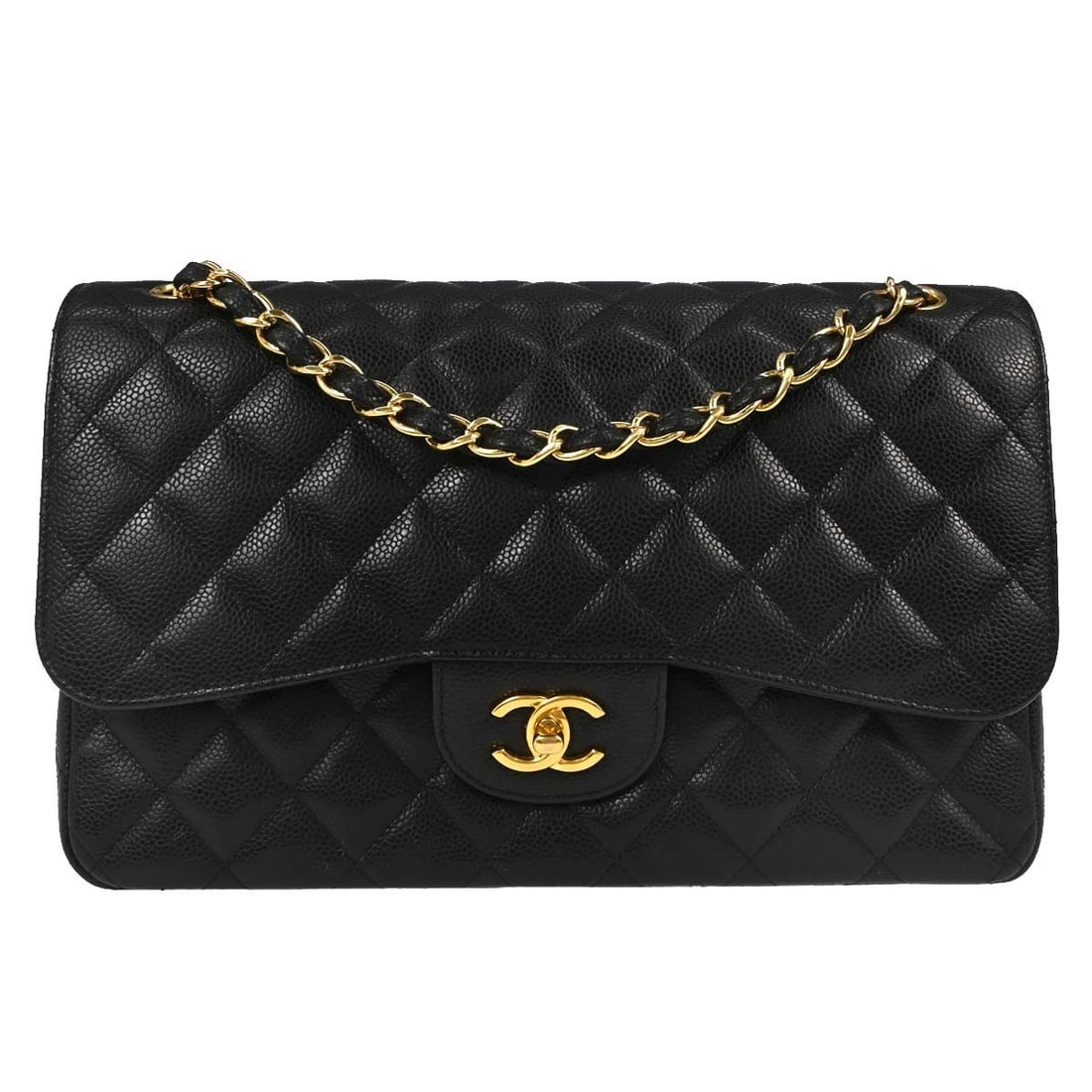 CHANEL Classic Double Flap Jumbo Shoulder Bag Black Caviar Leather: CHANEL Classic Double Flap Jumbo Shoulder Bag Black Caviar Leather Black Chanel Jumbo Classic Double Flap shoulder bag in caviar skin leather, made in Italy. It features a turn-lock closure, shoulder 