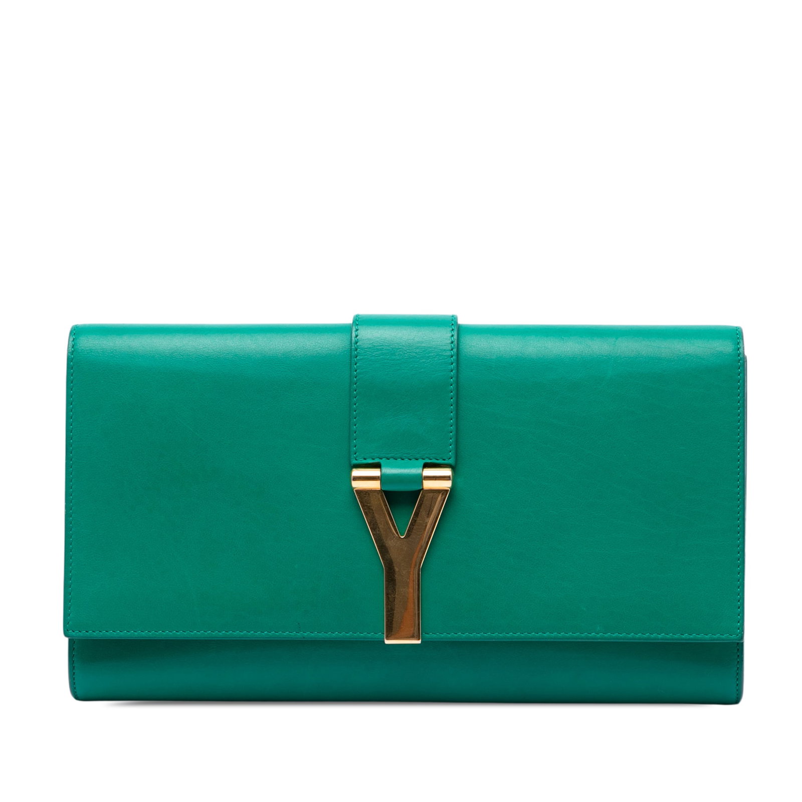 Saint Laurent Chyc Ligne Leather Clutch Bag Green: Saint Laurent Chyc Ligne Leather Clutch Bag Green Saint Laurent Chyc Ligne clutch crafted in green leather with a front flap accented by gold-tone Y hardware and an interior slip pocket. Made in Italy