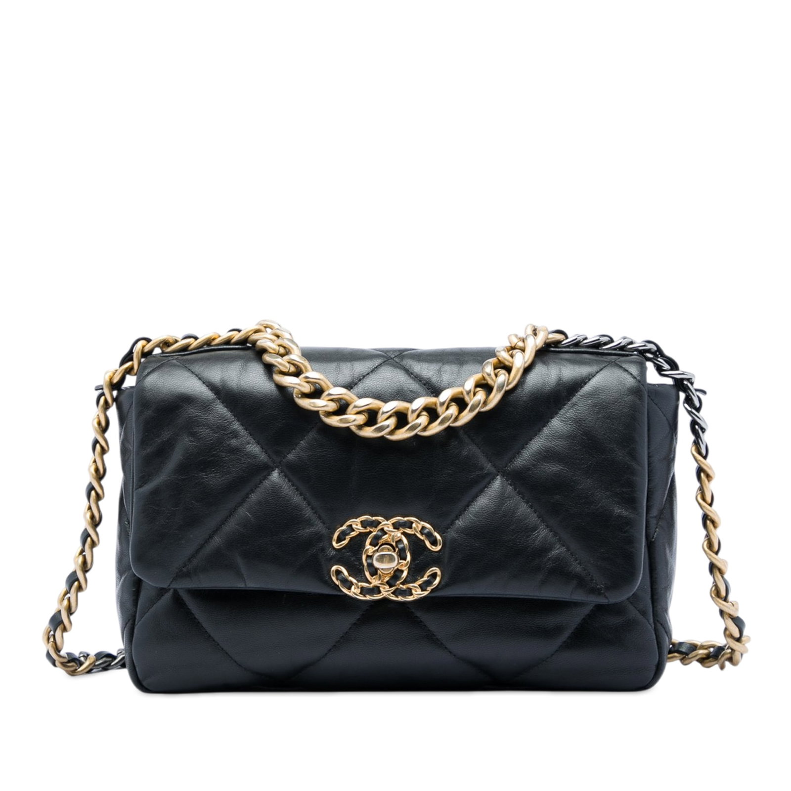 Chanel 19 Flap Medium Black Lambskin Shoulder Bag: Chanel 19 Flap Medium Black Lambskin Shoulder Bag A Chanel Medium 19 Flap bag crafted in black quilted lambskin leather. This bag features a gold-tone chain handle, a woven leather chain shoulder stra