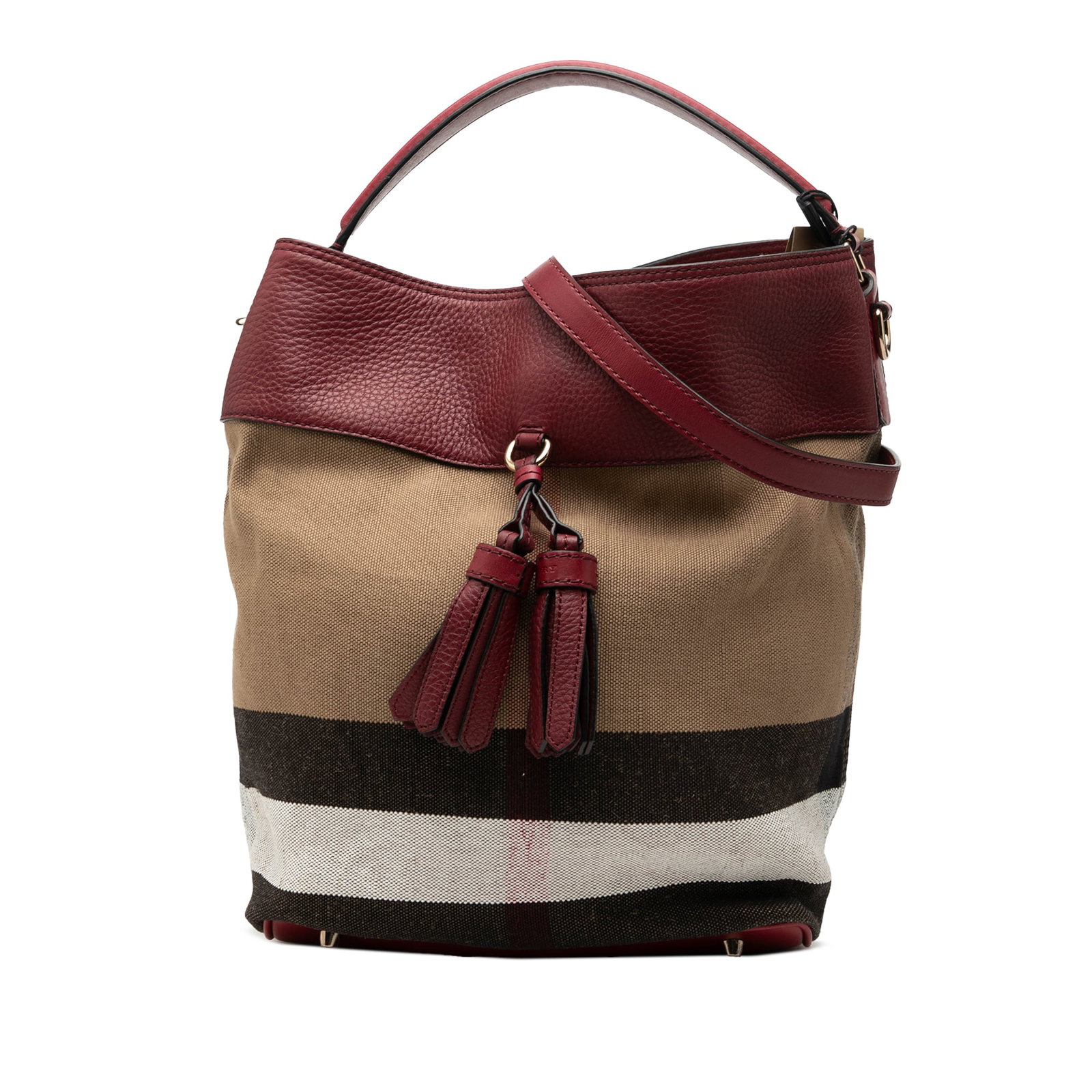 Burberry Ashby Medium Bucket Bag in Mega Check Canvas Calfskin: Burberry Ashby Medium Bucket Bag in Mega Check Canvas Calfskin Burberry Ashby bucket bag in Mega Check canvas with grained calfskin trim. This medium-size design features a flat leather handle, an adj