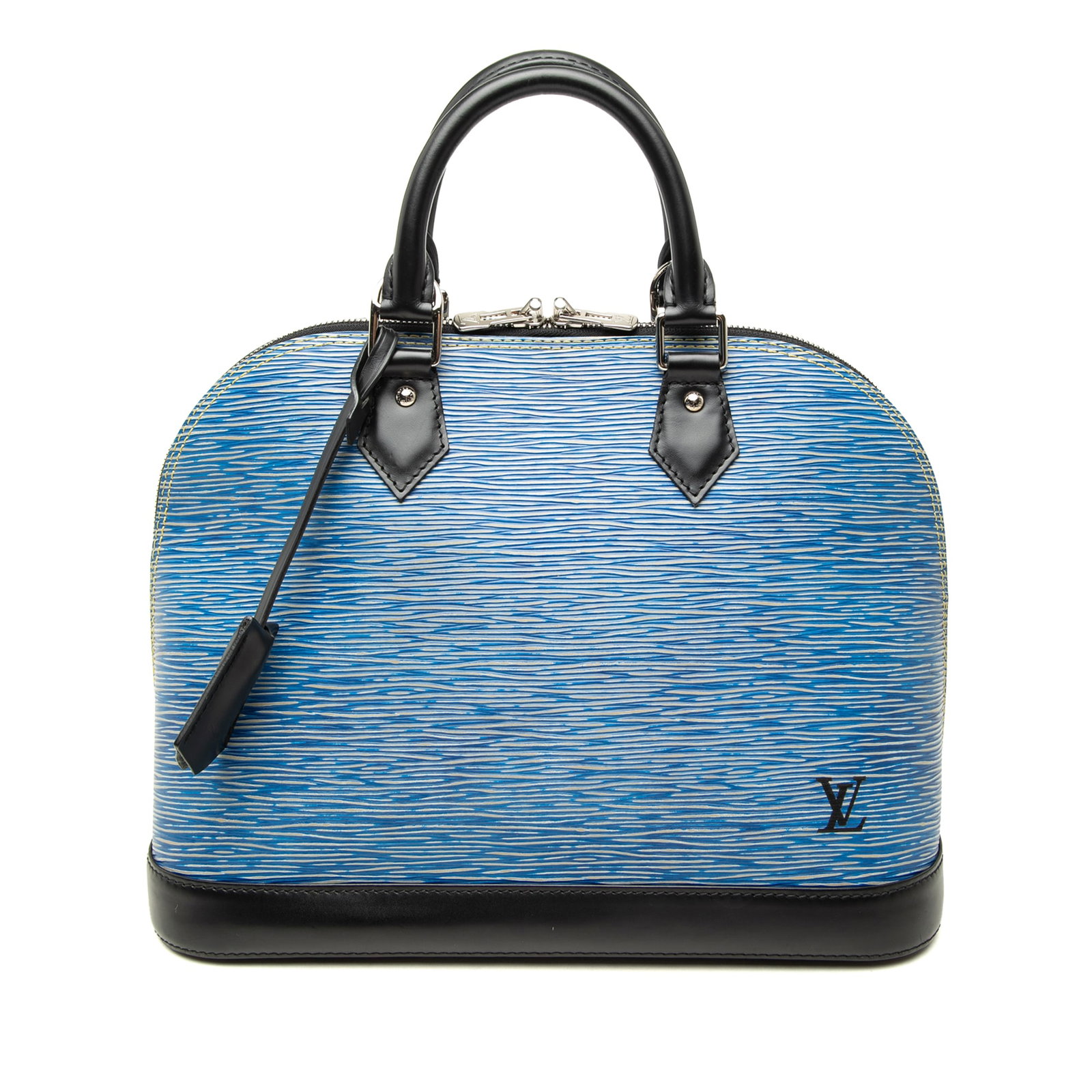 Louis Vuitton Alma PM Epi Denim Blue Leather Handbag: Louis Vuitton Alma PM Epi Denim Blue Leather Handbag This Louis Vuitton Alma PM handbag is crafted in blue Epi leather and features rolled leather top handles, a zip-around closure, and an interior sl