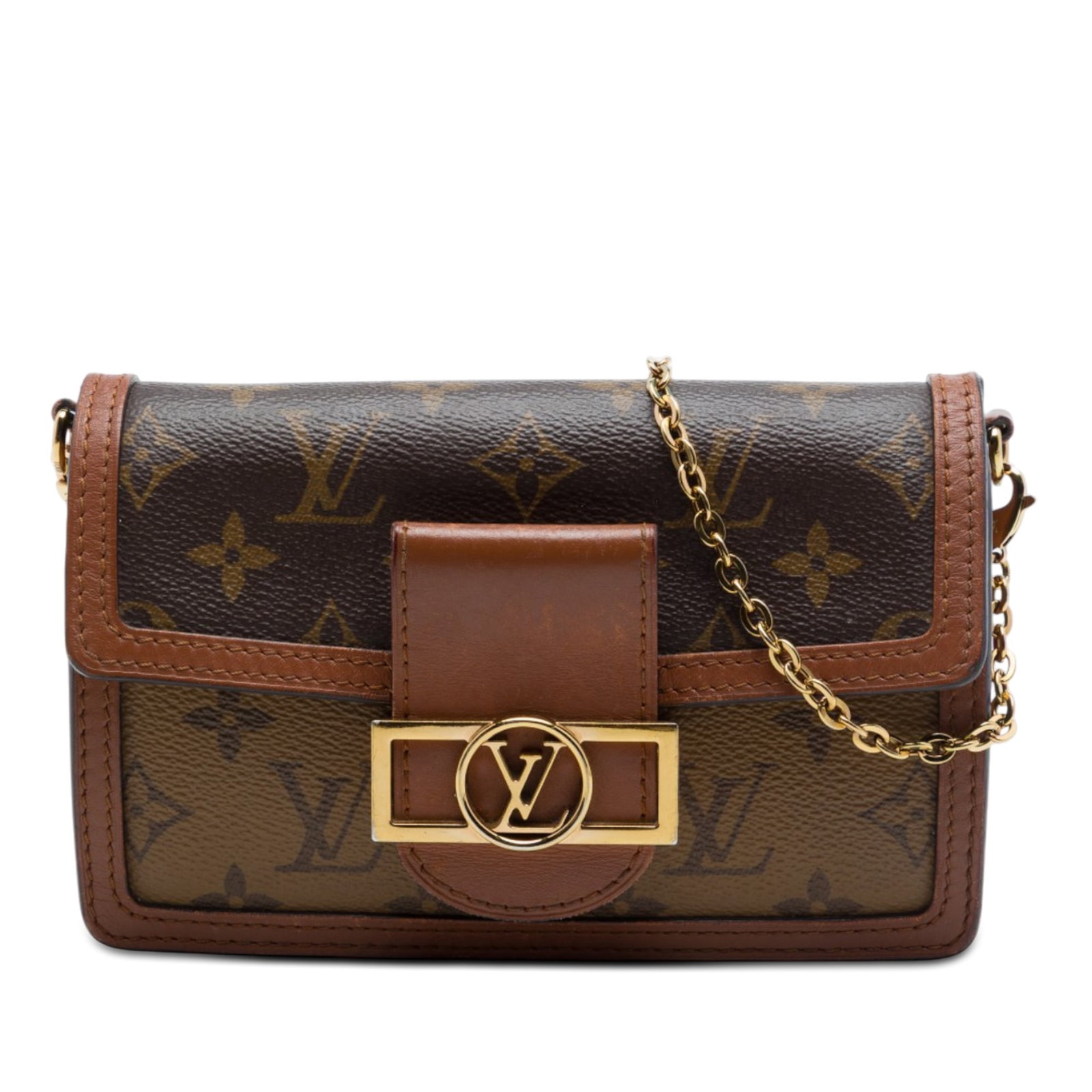 Louis Vuitton Dauphine Wallet on Chain Monogram Reverse Crossbody: Louis Vuitton Dauphine Wallet on Chain Monogram Reverse Crossbody Louis Vuitton Monogram Reverse Dauphine Wallet on Chain in brown monogram reverse canvas with leather trim. It features a detachable c