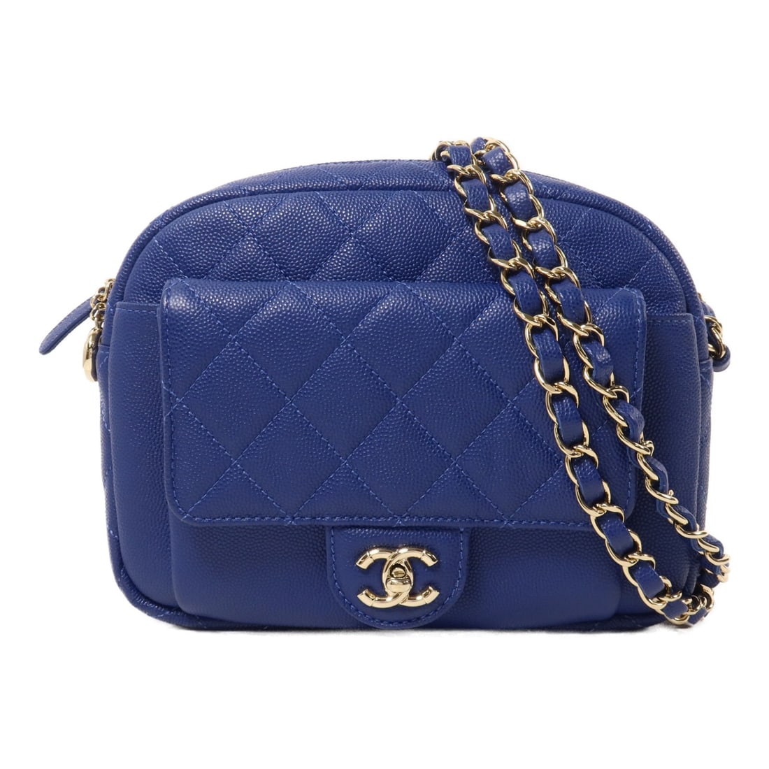 CHANEL CC Calfskin Camera Shoulder Bag Blue Chain Strap: CHANEL CC Calfskin Camera Shoulder Bag Blue Chain Strap Chanel CC camera bag in deep blue calfskin leather with a chain shoulder strap and gold-tone hardware. This women's shoulder bag features an ext