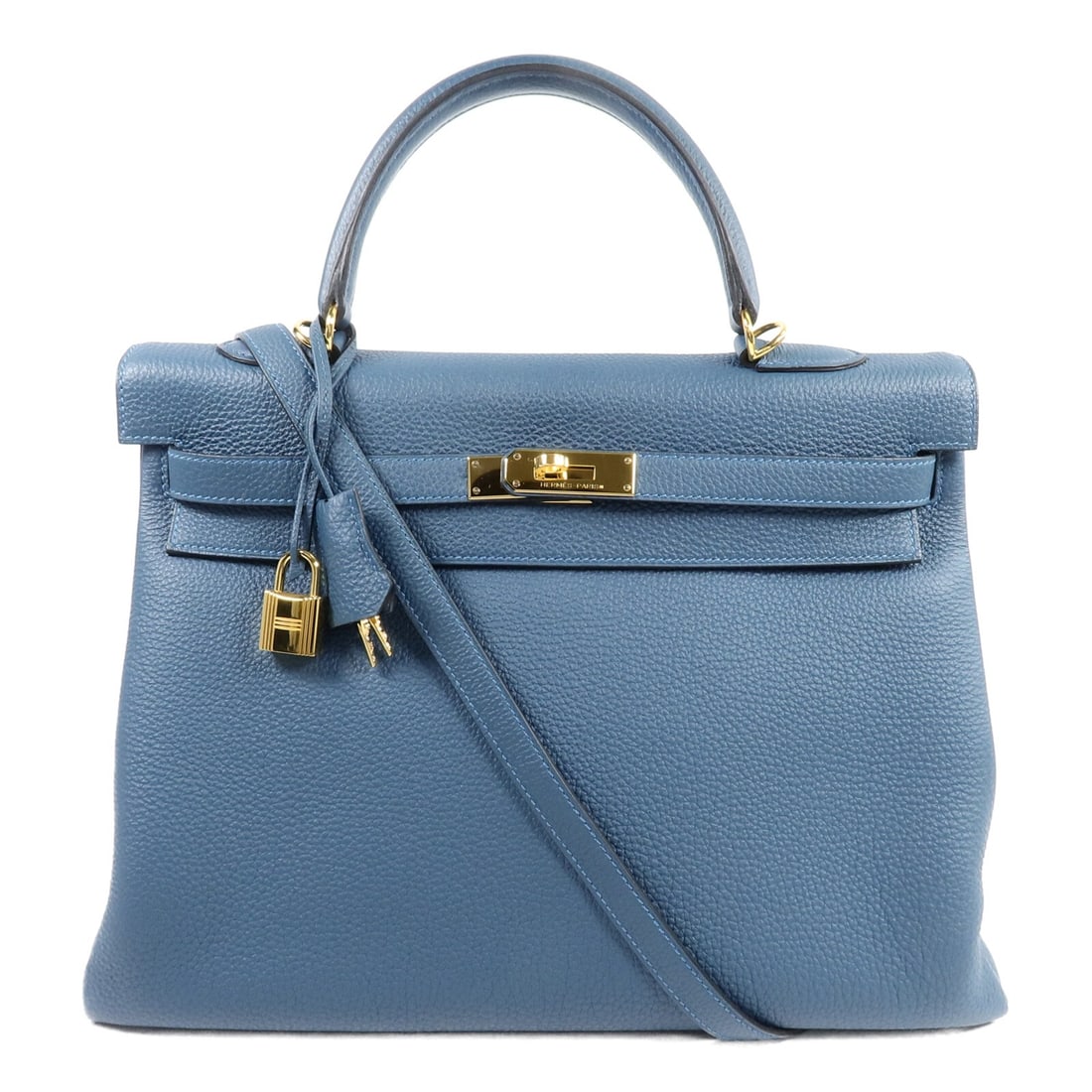 HERMES Kelly 35 Togo Leather 2 Way Shoulder Bag Vert Bosphore: HERMES Kelly 35 Togo Leather 2 Way Shoulder Bag Vert Bosphore Hermes Kelly 35 2-way shoulder bag in Togo leather with gold-tone hardware, finished in Vert Bosphore and blue. This structured women's ha