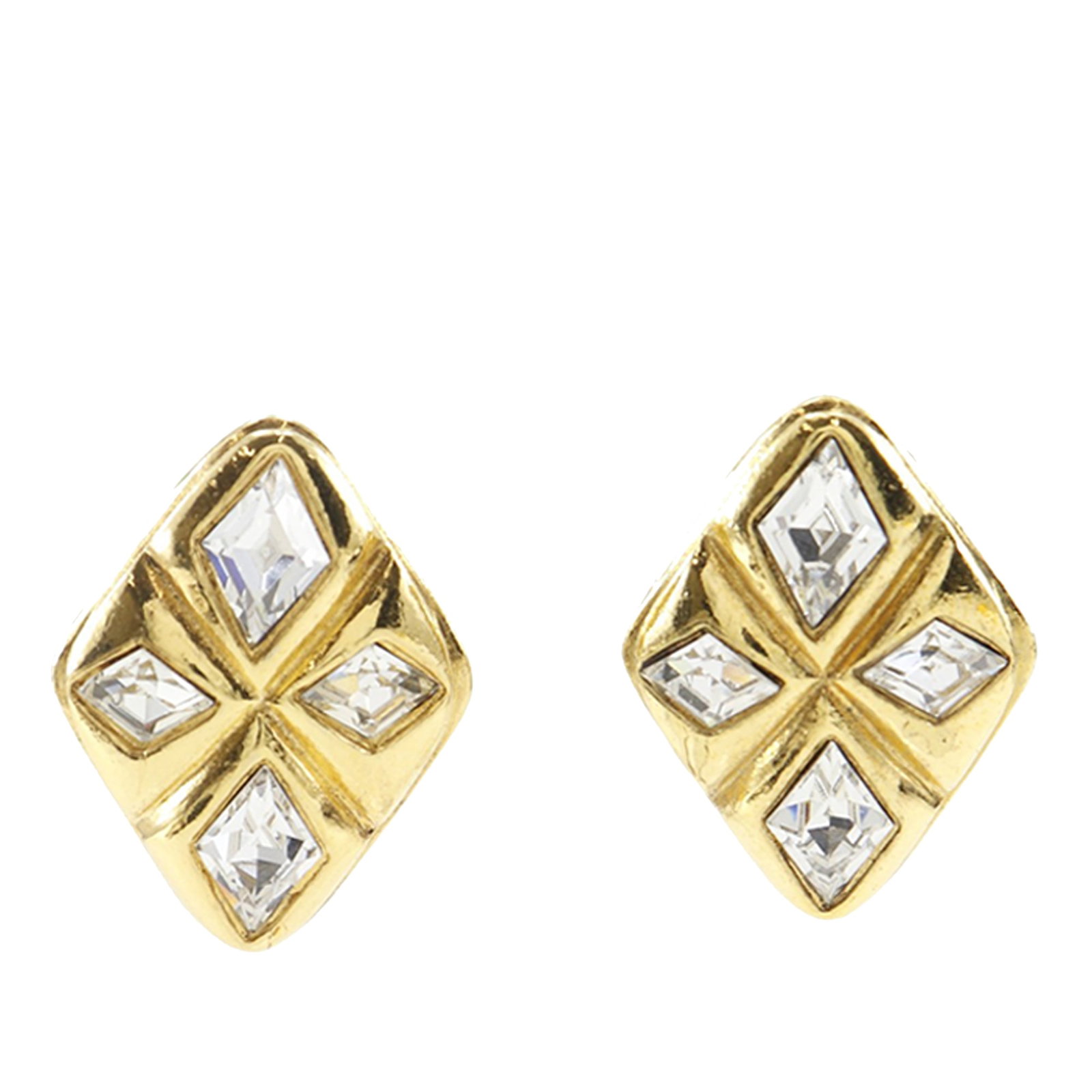 Chanel gold plated rhinestone clip on earrings: Chanel gold plated rhinestone clip on earrings These Chanel clip-on earrings feature gold-plated metal bodies adorned with rhinestone embellishments in a diamond shape. Designed as costume jewelry, th