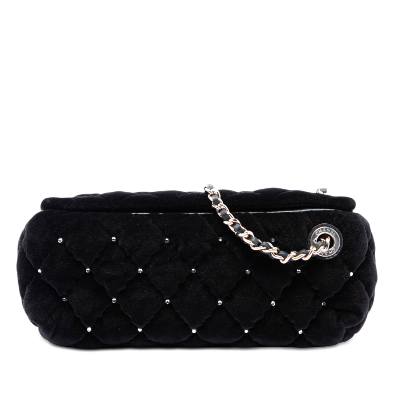 Chanel CC crystal stud quilted velvet wristlet bag: Chanel CC crystal stud quilted velvet wristlet bag A Chanel CC quilted velvet wristlet clutch with crystal stud embellishments and a black finish. This compact bag features a leather woven chain wrist