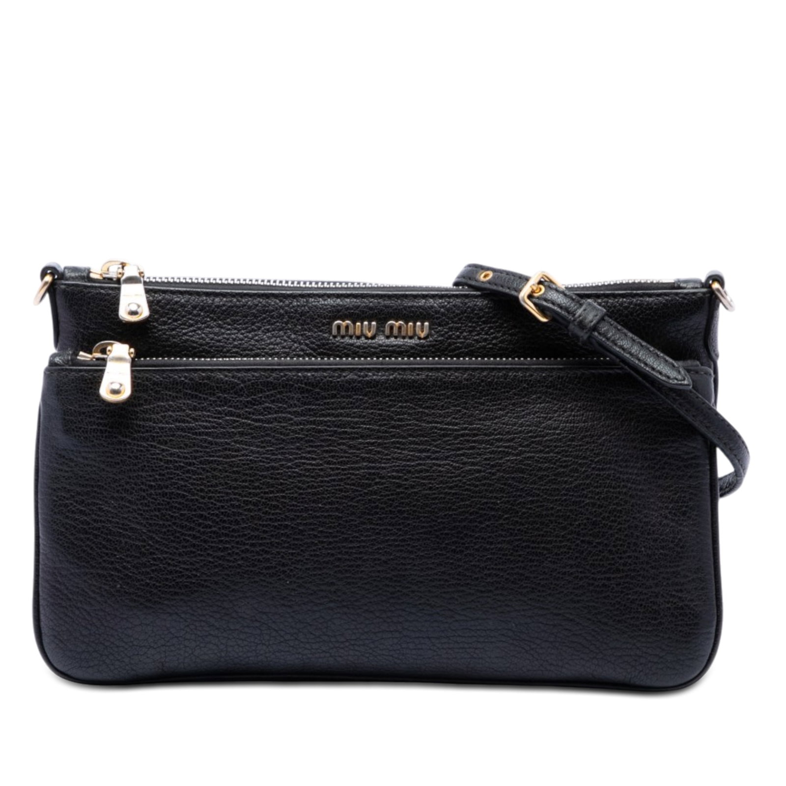 Miu Miu Madras Double Zip Goatskin Leather Crossbody Bag: Miu Miu Madras Double Zip Goatskin Leather Crossbody Bag A Miu Miu Madras double zip crossbody bag crafted in black goatskin leather. This crossbody design features an adjustable and detachable flat s