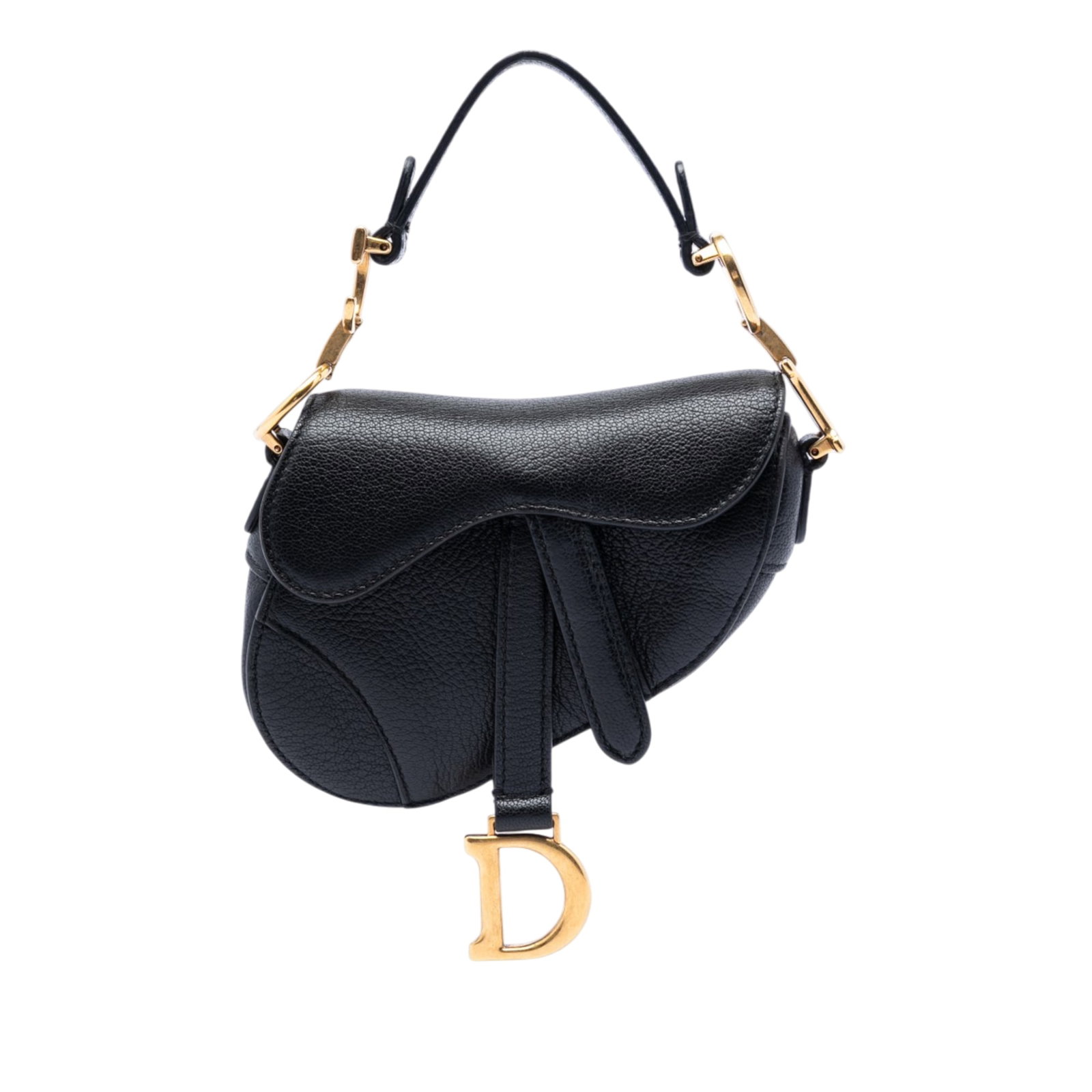 Dior Saddle Bag in Black Goatskin Leather Micro Size: Dior Saddle Bag in Black Goatskin Leather Micro Size Dior Micro Saddle Bag crafted in black goatskin leather. This compact bag features a flat leather strap with CD hardware, a front flap, leather tab