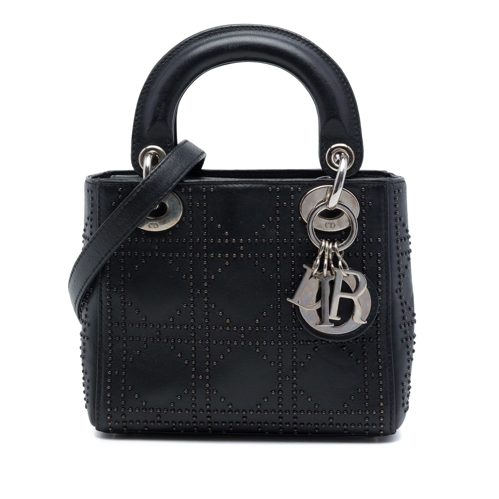 Dior Lady Dior Mini Studded Cannage Calfskin Bag Black: Dior Lady Dior Mini Studded Cannage Calfskin Bag Black Mini Lady Dior handbag in black calfskin leather with Cannage quilting and studded detailing. It features flat leather top handles, a detachable 