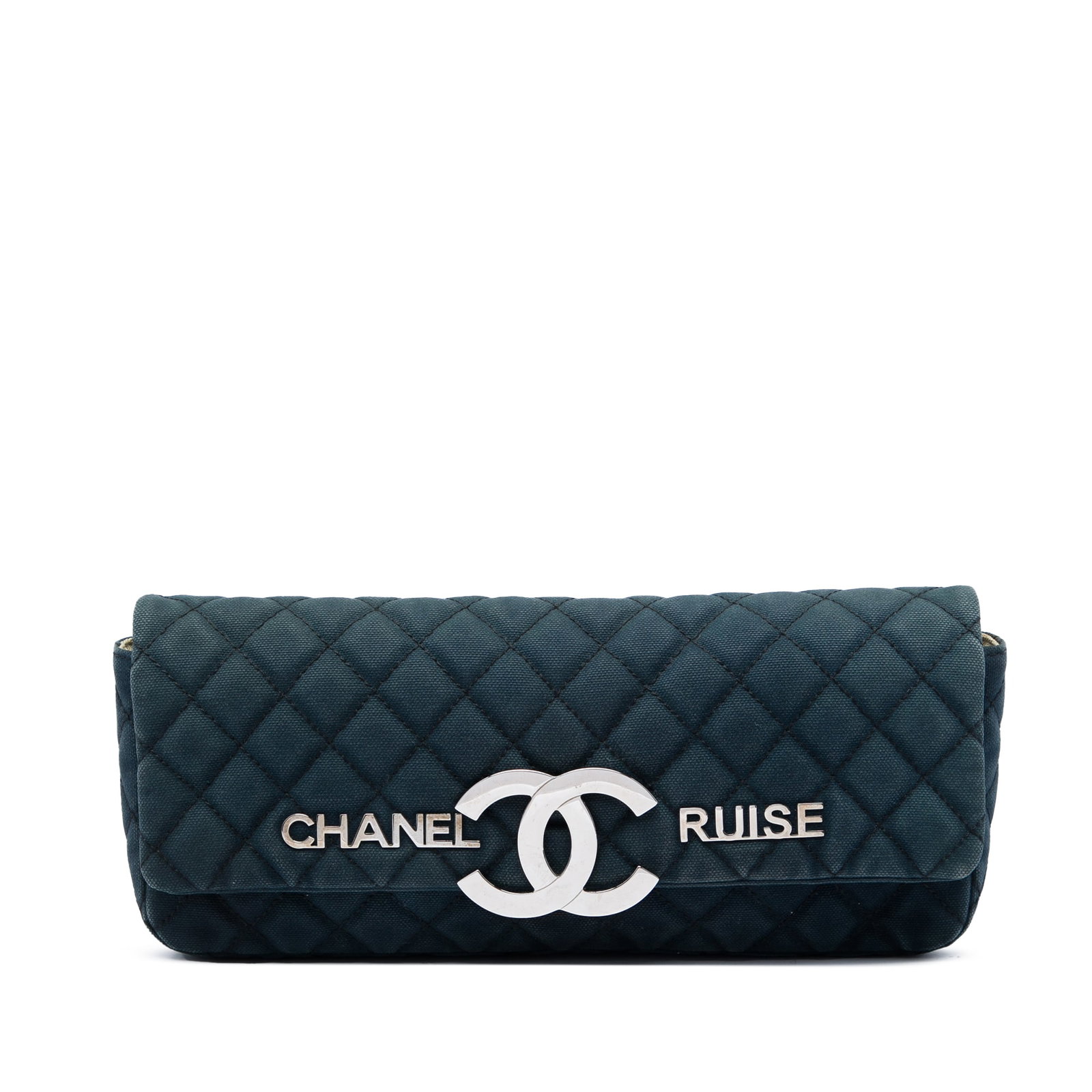 Chanel CC Cruise East West Flap Clutch in Blue Quilted Canvas: Chanel CC Cruise East West Flap Clutch in Blue Quilted Canvas A Chanel east-west flap clutch crafted in quilted canvas with a CC flip-lock front closure. The interior includes both zip and slip pocket