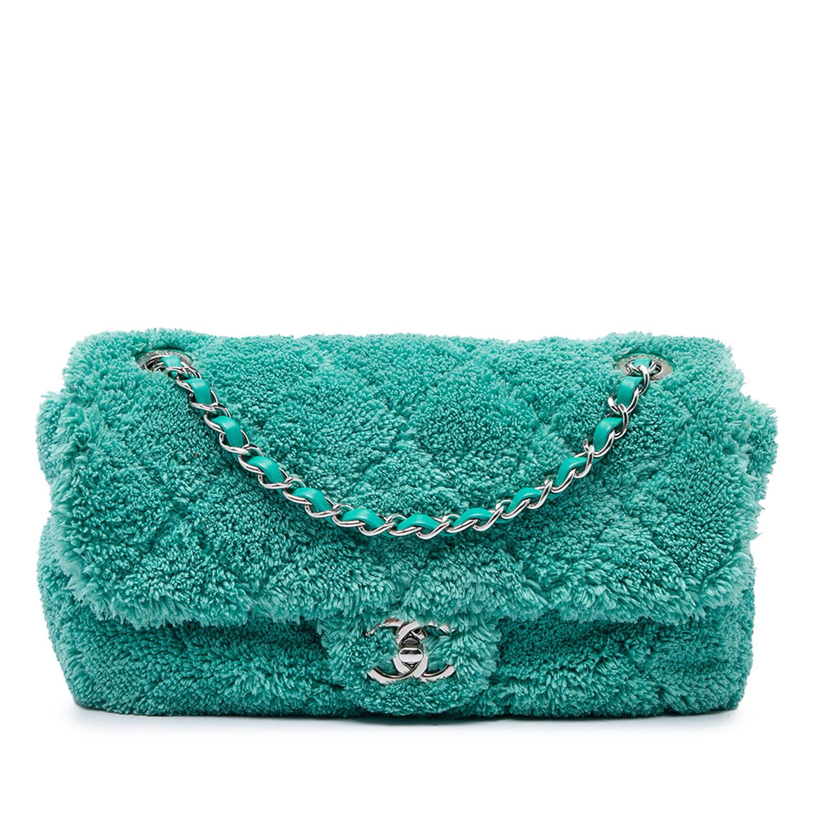 Chanel Coco Beach Medium Flap Bag Quilted Terry Cloth Green: Chanel Coco Beach Medium Flap Bag Quilted Terry Cloth Green A Chanel Coco Beach medium flap bag crafted in quilted terry cloth with a leather-woven chain strap and leather shoulder guard. The design f