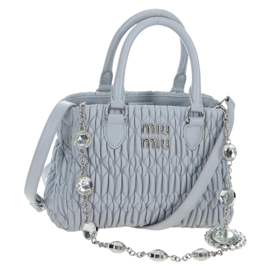 Miu Miu Nappa Crystal 2way Leather Handbag Light Blue Silver: Miu Miu Nappa Crystal 2way Leather Handbag Light Blue Silver Miu Miu 2-way handbag in light blue and silver leather. This women's bag includes a top handle and a detachable shoulder strap, along with 