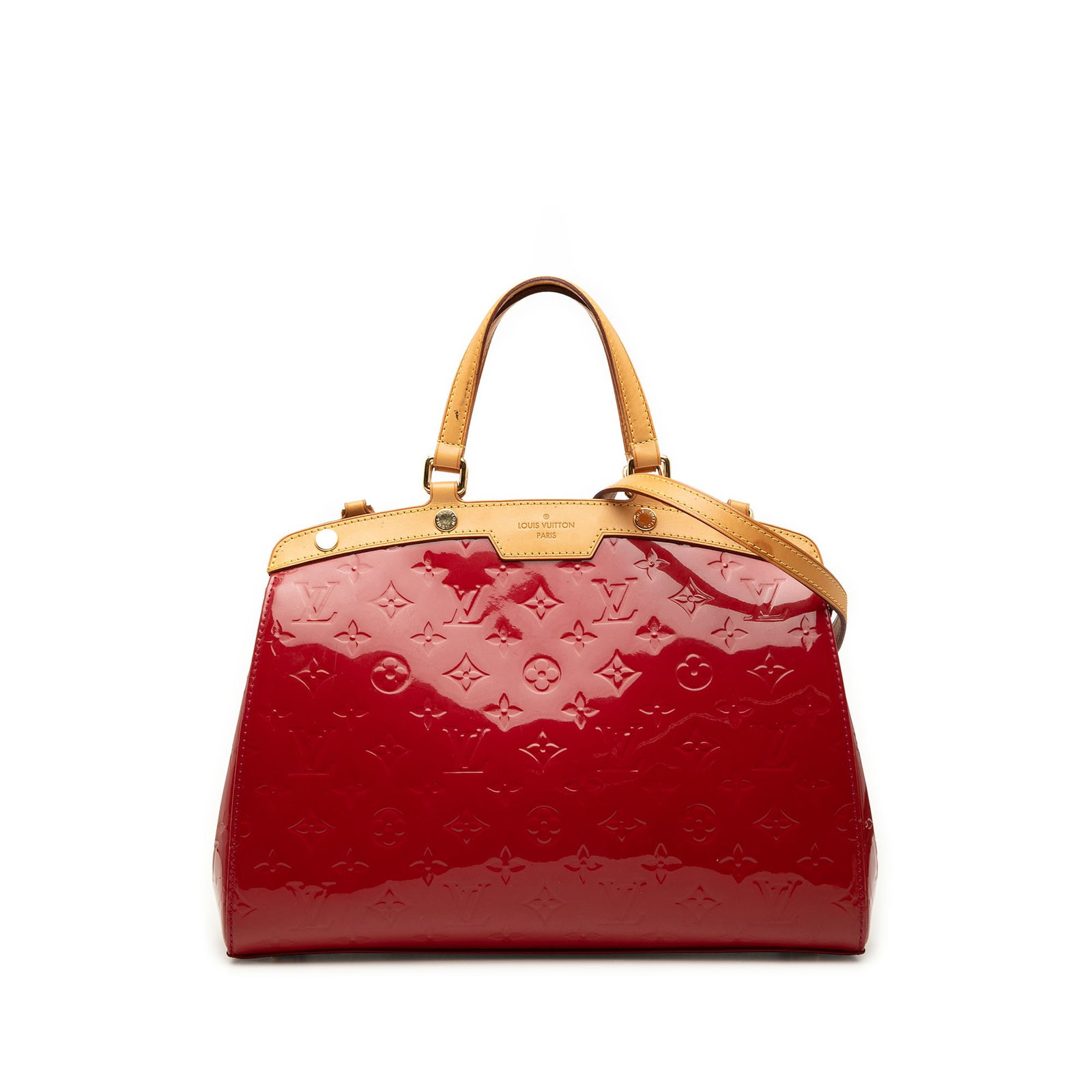 Louis Vuitton Brea MM Monogram Vernis Red Leather Handbag: Louis Vuitton Brea MM Monogram Vernis Red Leather Handbag A Louis Vuitton Monogram Vernis Brea MM handbag crafted in red leather with vachetta leather trim. It features flat vachetta leather handles, 