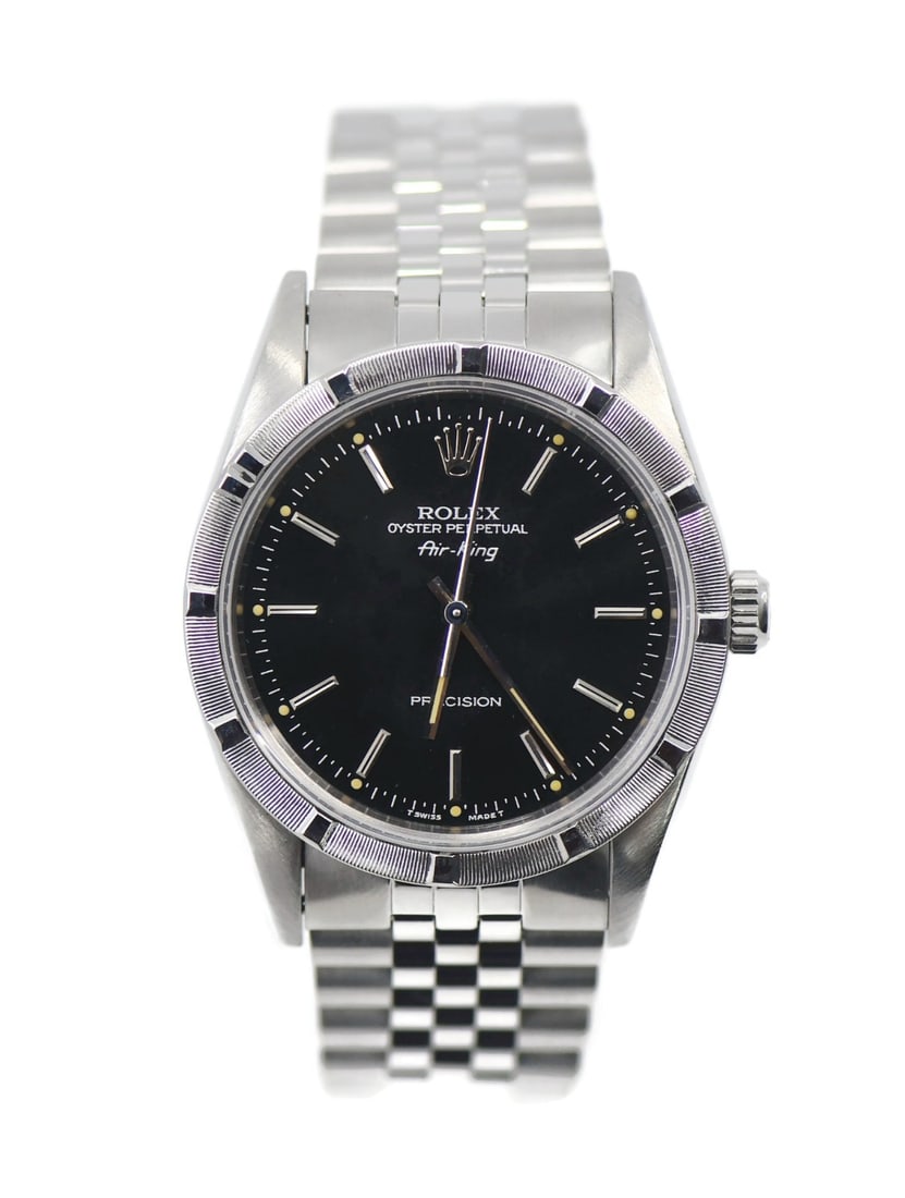 Rolex Air-King 14010 mens stainless steel wristwatch with box: Rolex Air-King 14010 mens stainless steel wristwatch with box Pre-owned Rolex Air-King wristwatch with a black sunburst dial and automatic movement. This men's watch features a polished stainless stee