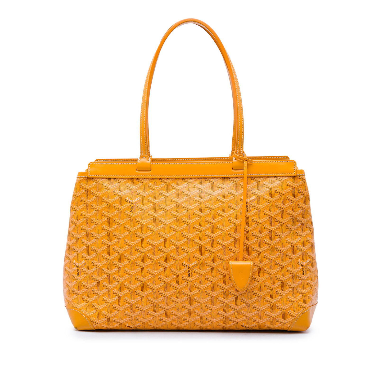 Goyard Goyardine Bellechasse PM Yellow Coated Canvas Shoulder Bag: Goyard Goyardine Bellechasse PM Yellow Coated Canvas Shoulder Bag Goyardine Bellechasse PM shoulder bag in yellow coated canvas with leather trim and flat leather straps. The bag features an open top 