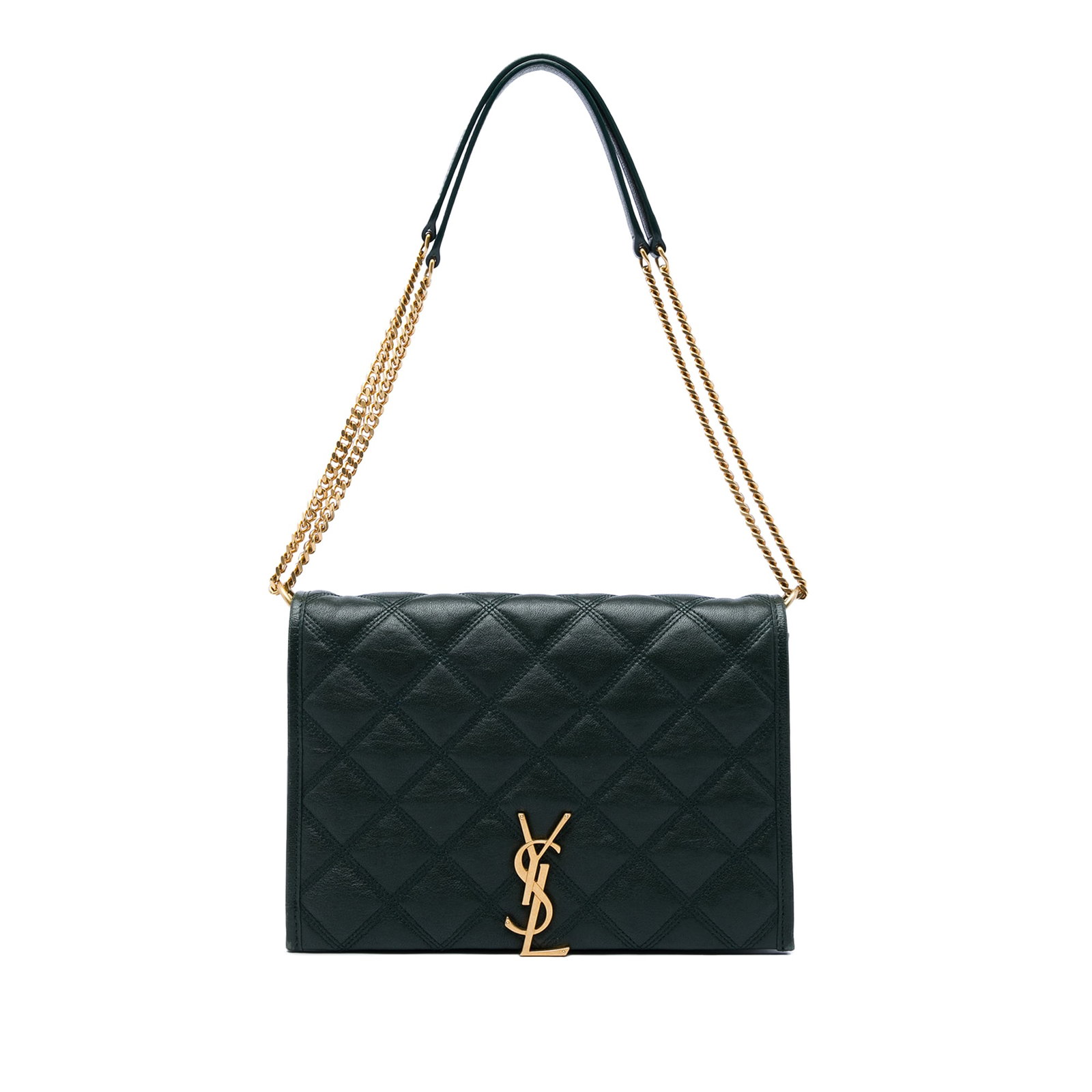 Saint Laurent Becky Small Green Quilted Lambskin Shoulder Bag: Saint Laurent Becky Small Green Quilted Lambskin Shoulder Bag A Saint Laurent Small Becky shoulder bag crafted in green quilted lambskin leather. This flap-front design features chain link straps with