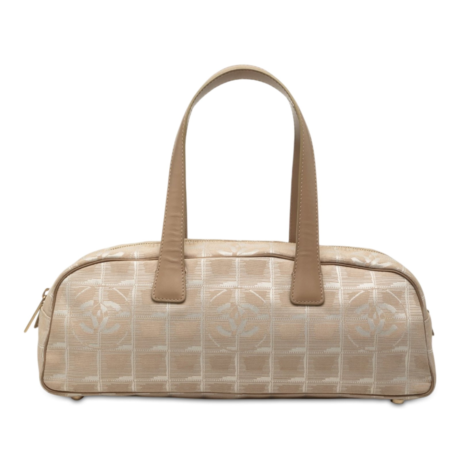 Chanel New Travel Line Beige Nylon Zip Handbag: Chanel New Travel Line Beige Nylon Zip Handbag A Chanel New Travel Line handbag in beige nylon with flat leather handles and a top zip closure. The interior includes a zip pocket for added organizatio