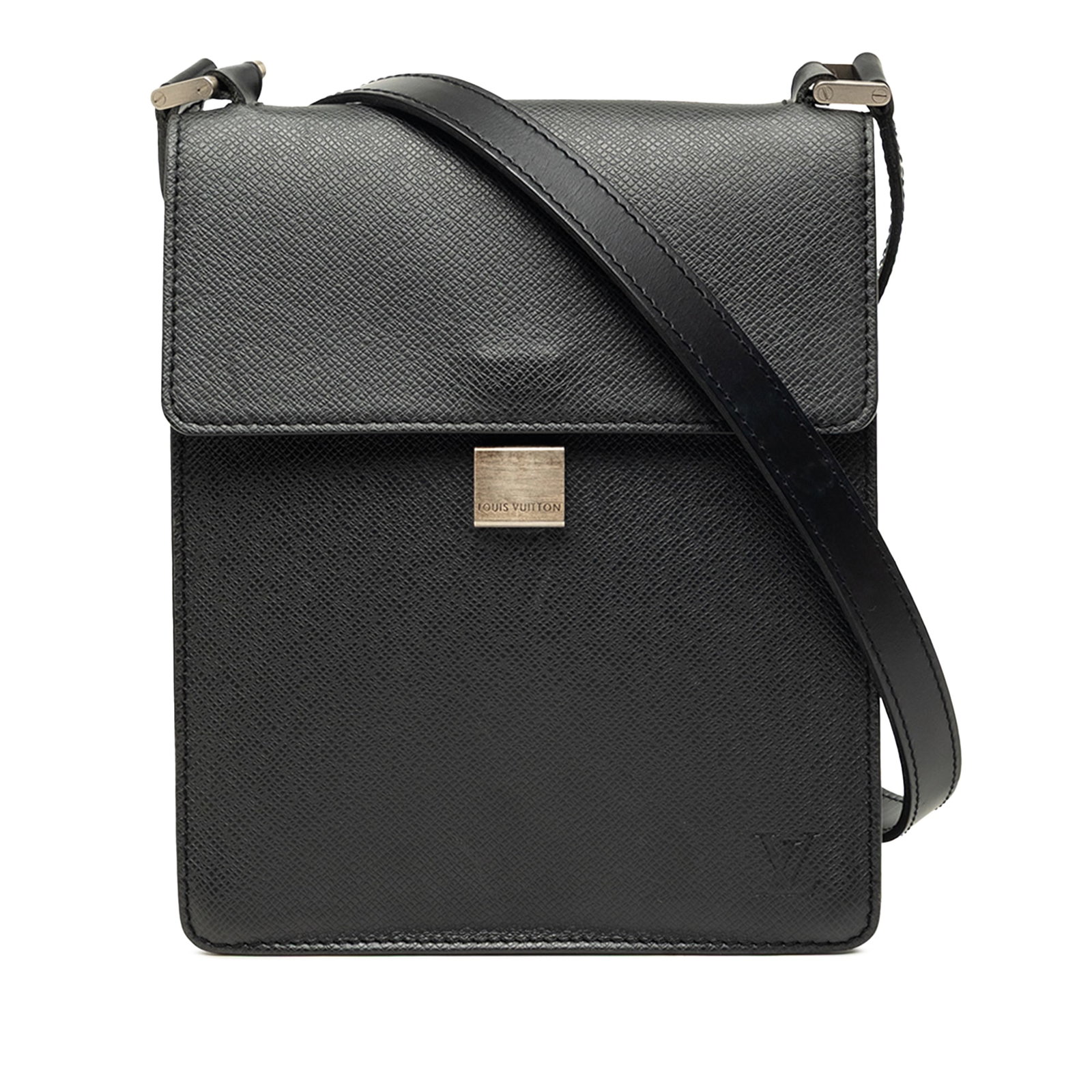 Louis Vuitton Pochette Kurgan Taiga Leather Shoulder Bag: Louis Vuitton Pochette Kurgan Taiga Leather Shoulder Bag Louis Vuitton Taiga Pochette Kurgan in black leather with an adjustable flat leather strap, front flap with metal closure, and an interior slip