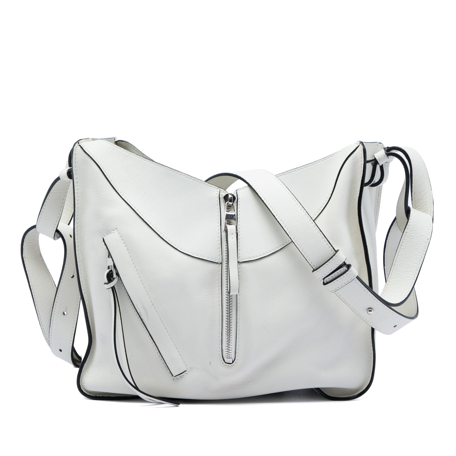 LOEWE Hammock Small Grained Calfskin Shoulder Bag White: LOEWE Hammock Small Grained Calfskin Shoulder Bag White A LOEWE Small Grained Calfskin Hammock Bag crafted in white leather. This bag features side zip details, flat leather handles, a detachable flat