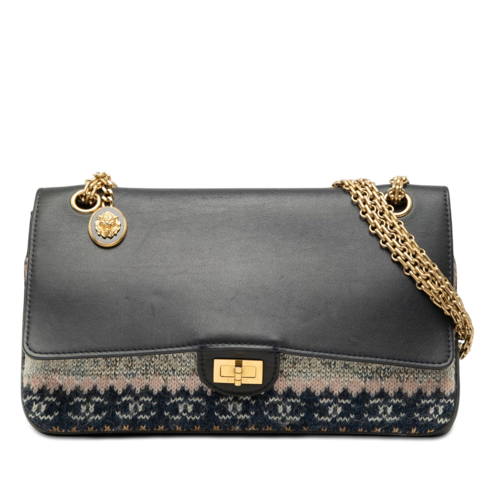 Chanel Reissue 2.55 Medallion Nude Double Flap 226 Bag: Chanel Reissue 2.55 Medallion Nude Double Flap 226 Bag Chanel Reissue 2.55 Medallion Nude Double Flap 226 bag crafted with a smooth calfskin and knit body. It features chain link shoulder straps, doub
