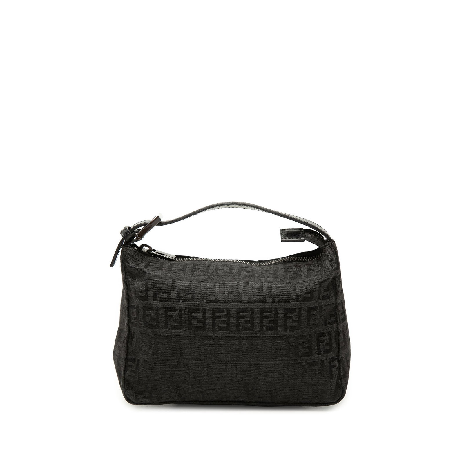 Fendi Zucchino Black Canvas Zip Top Handbag: Fendi Zucchino Black Canvas Zip Top Handbag A compact Fendi Zucchino canvas handbag with a black fabric body, flat leather handle, and top zip closure. Made in Italy, this piece shows visible wear con