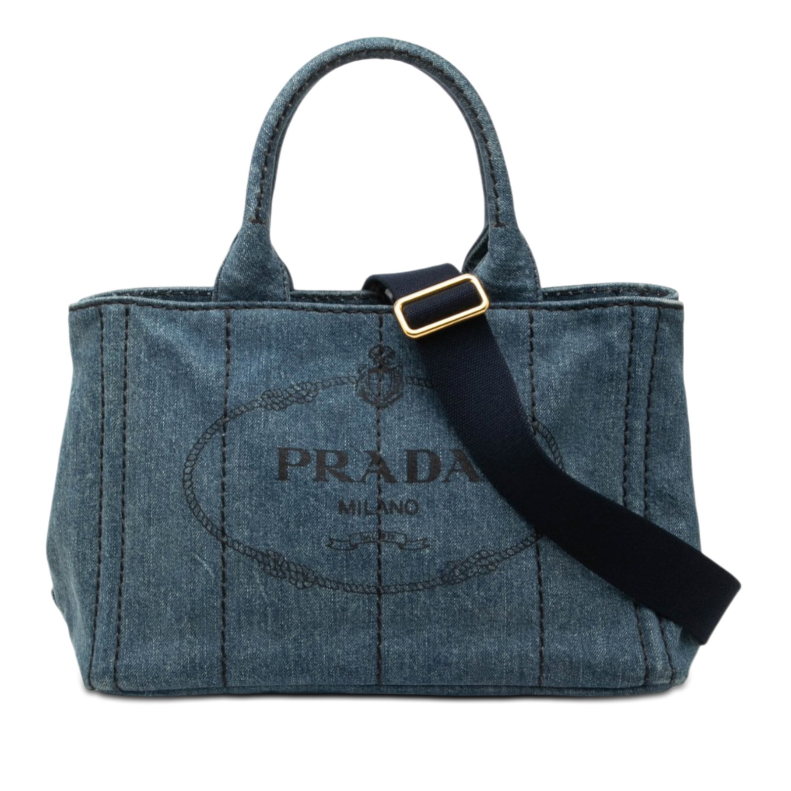 Prada Canapa Small Denim Tote Bag with Shoulder Strap: Prada Canapa Small Denim Tote Bag with Shoulder Strap Prada Small Denim Canapa Logo Tote in blue fabric with flat top handles, a detachable flat shoulder strap, an open top, and interior zip and slip 