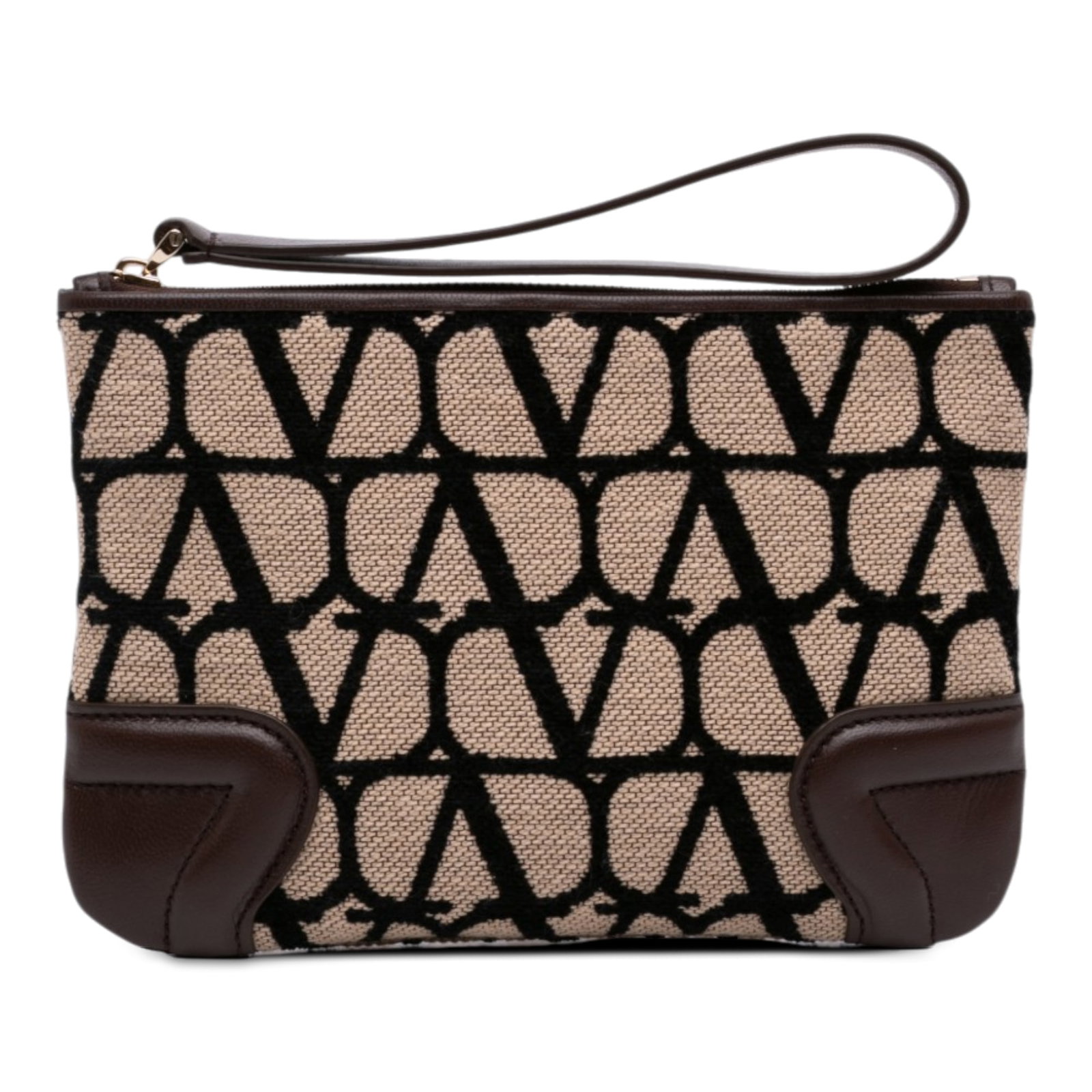 Valentino Toile Iconographe canvas wristlet pouch: Valentino Toile Iconographe canvas wristlet pouch A Valentino Toile Iconographe wristlet pouch crafted with a canvas and leather body. It features a flat leather wrist strap, a top zip closure, and in