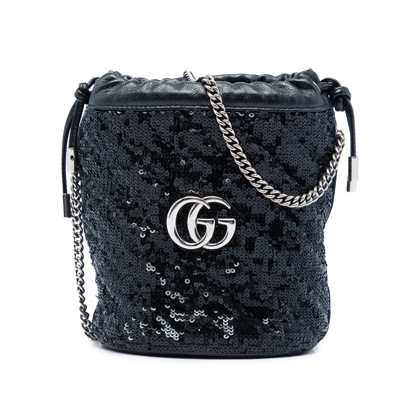 Gucci GG Marmont Small Bucket Bag in Black Sequined Matelasse Leather: Gucci GG Marmont Small Bucket Bag in Black Sequined Matelasse Leather Small GG Marmont bucket bag with a quilted calfskin leather body and sequined diagonal matelasse detailing. It features a chain li