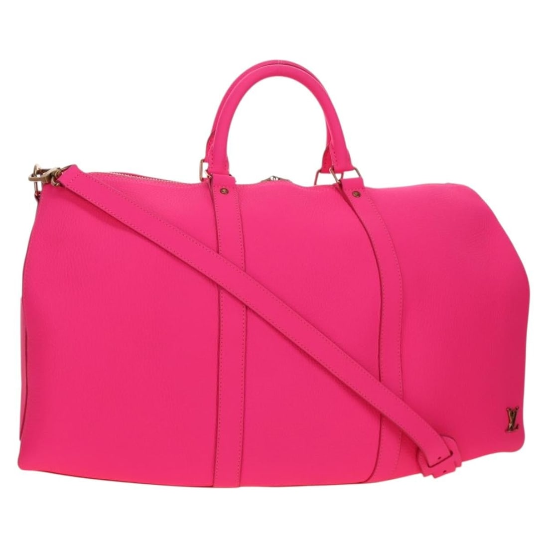 Louis Vuitton M56925 Keepall 50 Bandouliere Taurillon Boston Bag Fuchsia: Louis Vuitton M56925 Keepall 50 Bandouliere Taurillon Boston Bag Fuchsia Louis Vuitton Keepall Bandouliere 50 in taurillon leather with a fuchsia and pink finish. This Boston bag is made in France and