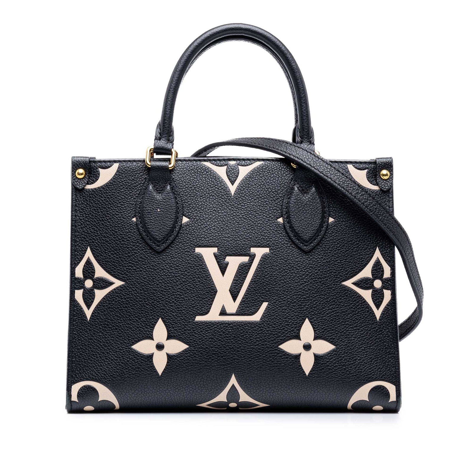 Louis Vuitton Onthego PM bicolor Monogram Empreinte leather bag: Louis Vuitton Onthego PM bicolor Monogram Empreinte leather bag Louis Vuitton Onthego PM in black Bicolor Monogram Empreinte Giant leather. This bag features rolled handles, flat leather top handles, 