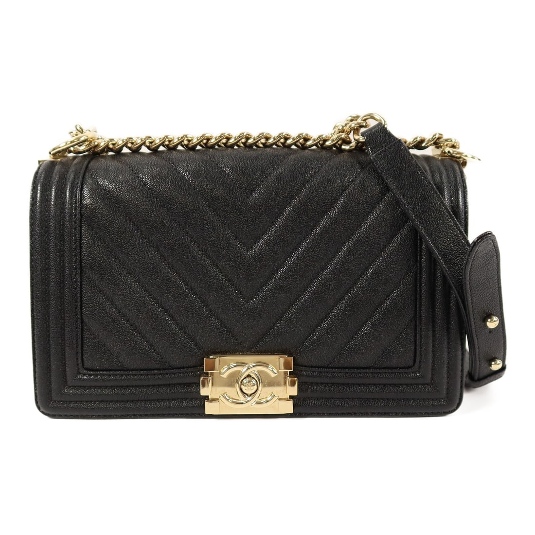 CHANEL Boy 25 Chain Shoulder Bag Black Calfskin Gold Tone Hardware: CHANEL Boy 25 Chain Shoulder Bag Black Calfskin Gold Tone Hardware Chanel Boy 25 chain shoulder bag in black calfskin leather. This women's shoulder bag features the signature CC design, a flap closur