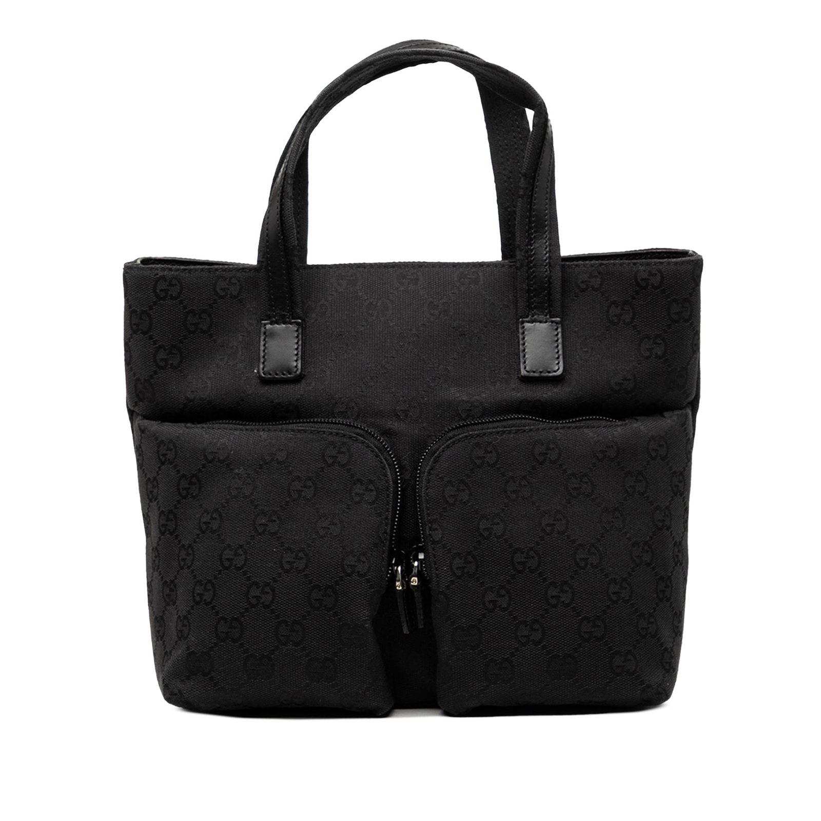 Gucci GG Canvas Tote Bag Black Fabric Magnetic Snap: Gucci GG Canvas Tote Bag Black Fabric Magnetic Snap Gucci GG canvas handbag with a black canvas body, flat canvas straps with leather trim, an open top with magnetic snap closure, exterior front zip p