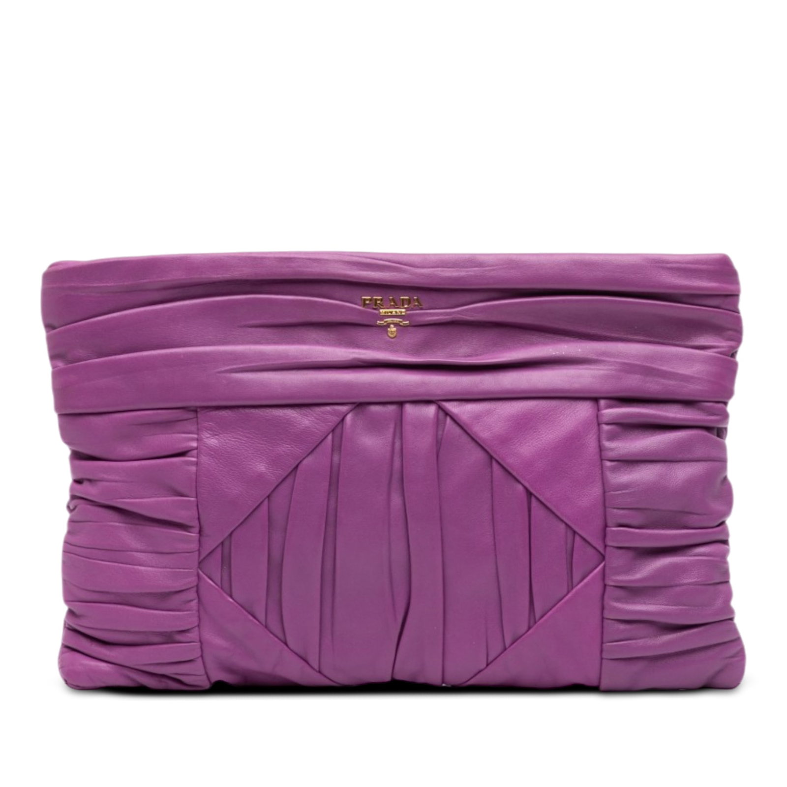 Prada Pleated Nappa Leather Zip Clutch Bag Purple: Prada Pleated Nappa Leather Zip Clutch Bag Purple Prada pleated nappa clutch in purple leather with a top zip closure and an interior slip pocket. Made in Italy. Condition is B+ with visible wear from