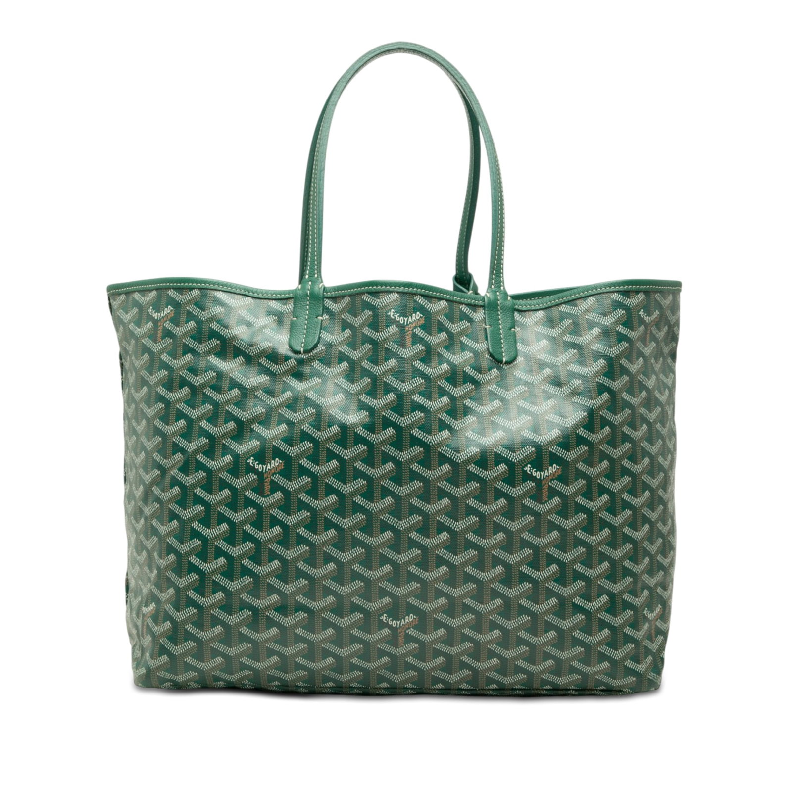 Goyard Saint Louis PM Goyardine Green Tote Bag: Goyard Saint Louis PM Goyardine Green Tote Bag The Goyardine Saint Louis PM is an open tote crafted with a coated canvas body, leather trim, and flat leather handles. Finished in green, this bag is ma